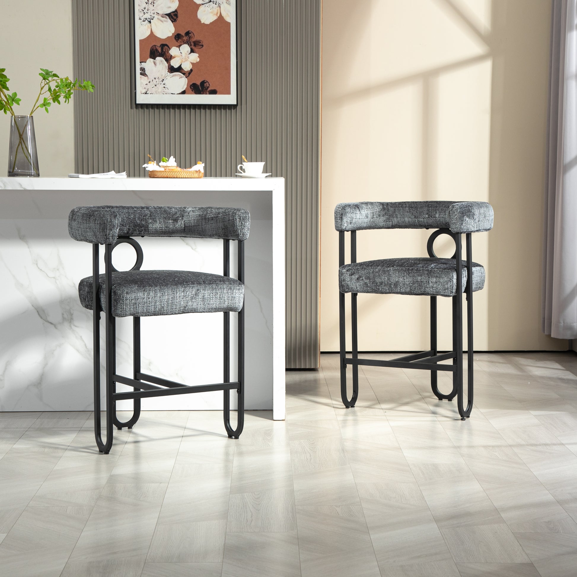 Coolmore Bar Stools Set Of 2, Modern Bar Stool With Back, Black Metal Frames, Upholstered Bar Stools For Kitchen Island, Pub, Club Gray Chenille Gray Dining Room Foam Chenille