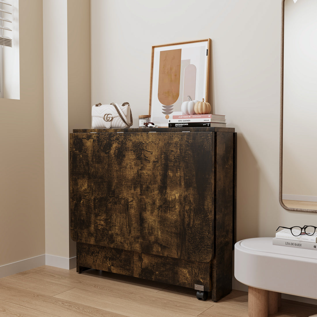 2407 Black Brown Foldable Dining Table, Fully Unfolded 51.18 Inches, Suitable For Small Family Tables Or Display Tables. Brown Mdf