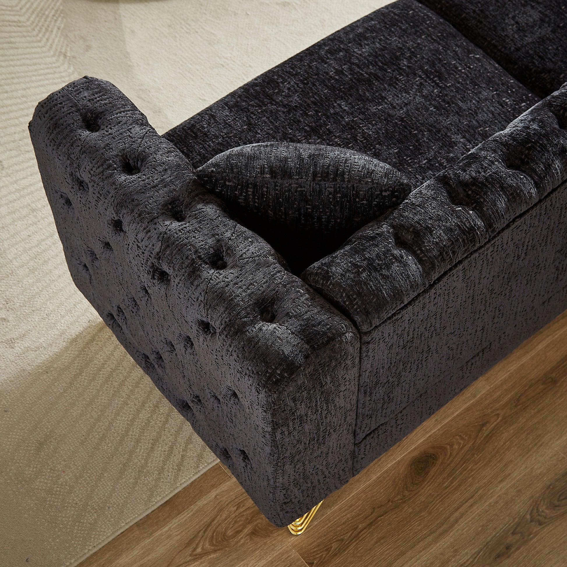 Chenille Pull Buckle Design Sofa For Living Room,Buttons Tufted With Copper Nail Decoration Armrest, Modern Couch Upholstered Button And Metal Legs Black Foam Chenille 6 Seat