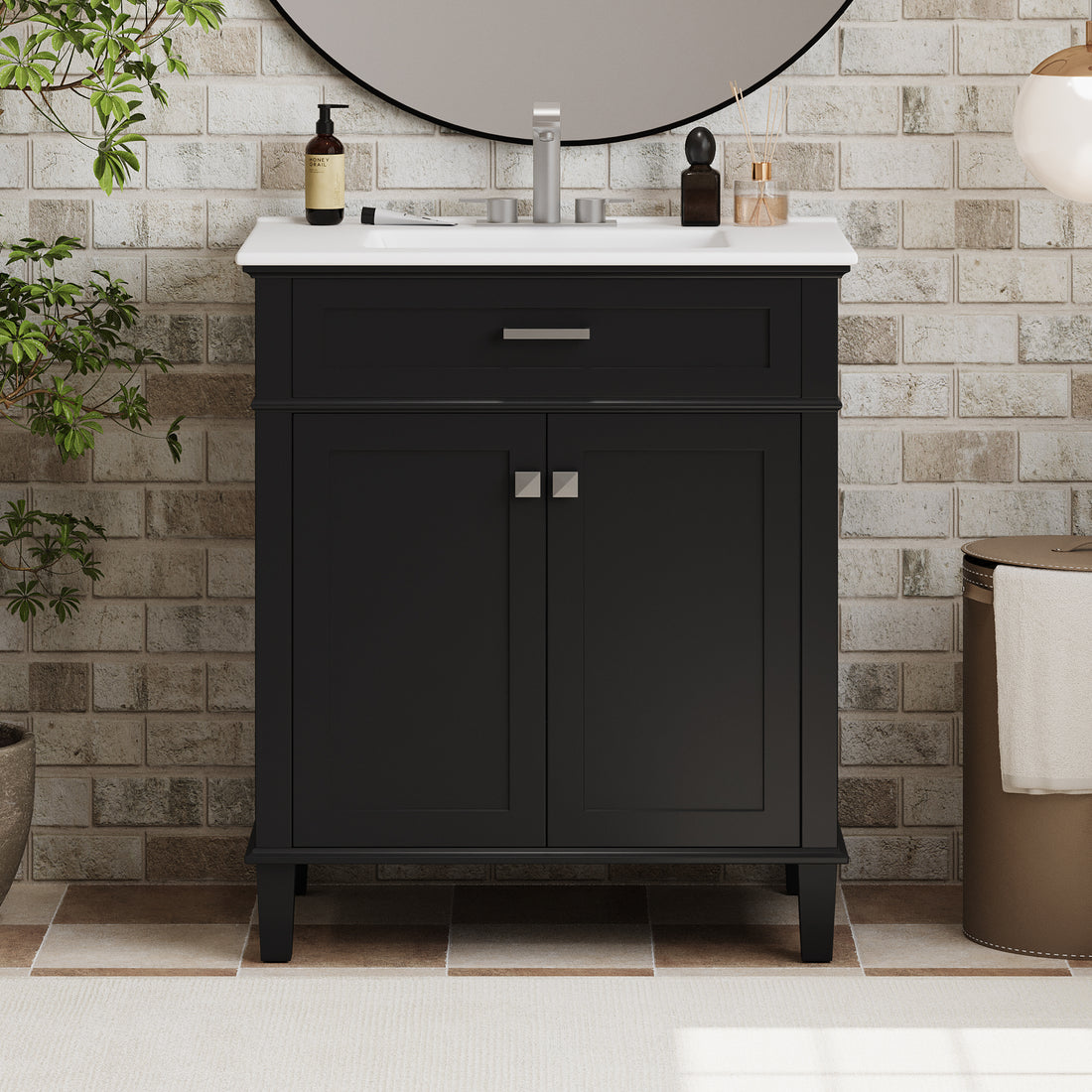 30 Inch Bathroom Vanity With Ceramic Basin, Soft Close Door And Adjustable Shelves Black Bathroom Solid Wood Mdf