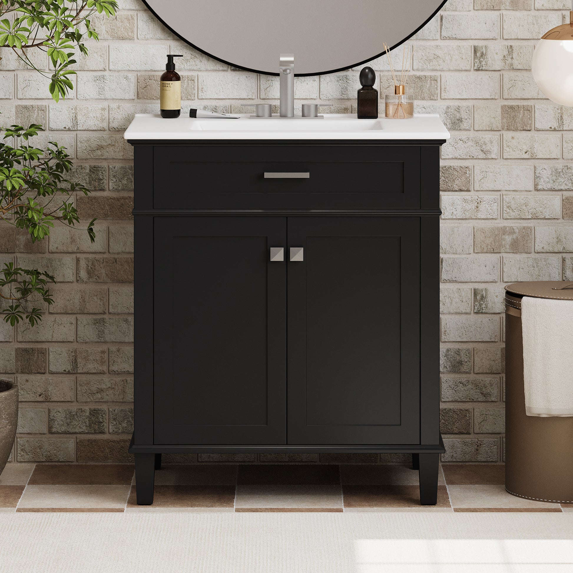 30 Inch Bathroom Vanity With Ceramic Basin, Soft Close Door And Adjustable Shelves Black Bathroom Solid Wood Mdf