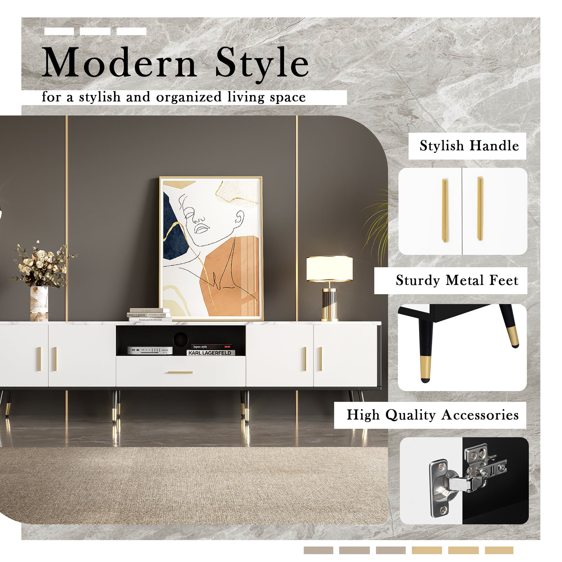 71'' Modern Tv Stand With 2 Cabinets& Open Compartments, Entertainment Center For Tvs Up To 80'', Television Console For Living Room, Bedroom, Home Theatre White Black Primary Living Space 70 79