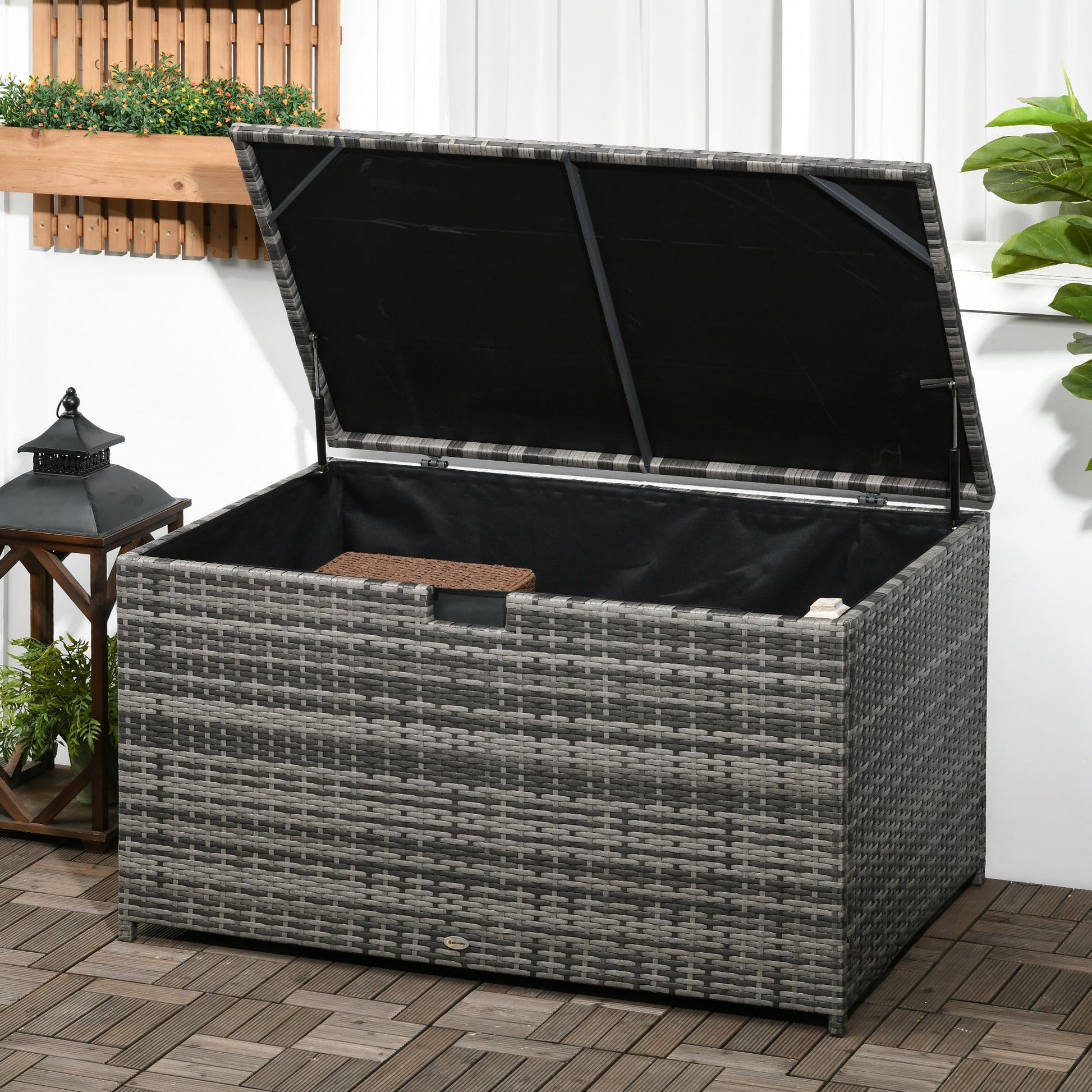 Outsunny 113 Gallon Deck Box, Rattan Outdoor Storage Box, Waterproof Storage Container For Indoor, Patio Furniture Cushions, Pool Supplies, Garden Tools, Dark Gray Dark Gray Steel