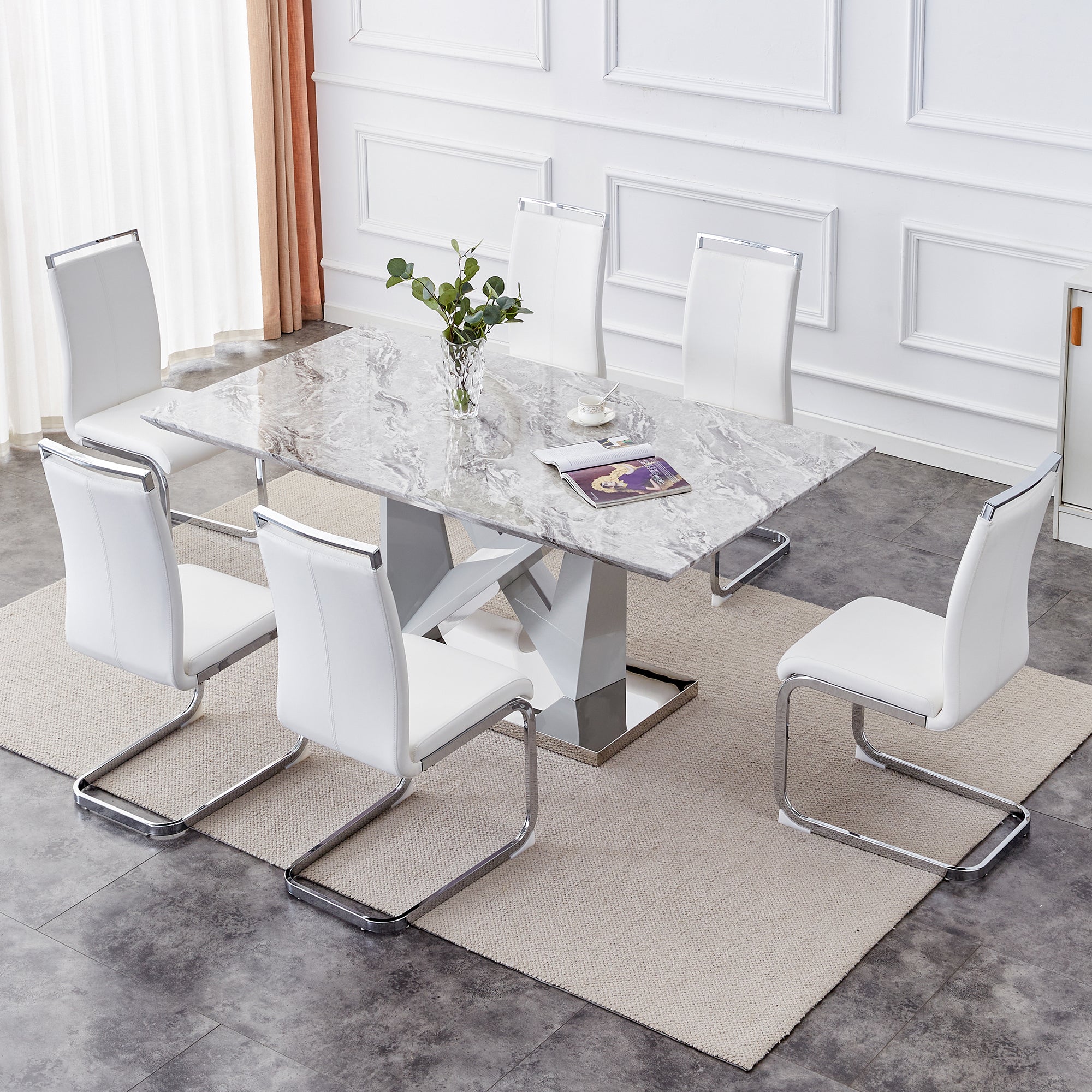 1 Table And 6 Chairs Set.Modern Grey Mdf Faux Marble Dining Table With Double V Shaped Supports.Paired With 6 Modern Pu Artificial Leather Soft Cushion With Silver Metal Legs.F Vv,C 1162 Gray Seats 6 Mdf Metal