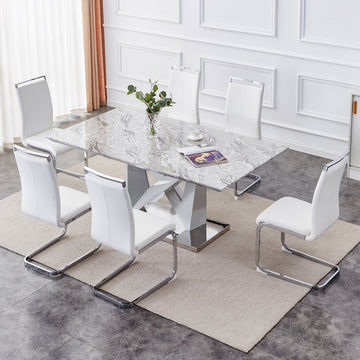 1 Table And 6 Chairs Set.Modern Grey Mdf Faux Marble Dining Table With Double V Shaped Supports.Paired With 6 Modern Pu Artificial Leather Soft Cushion With Silver Metal Legs.F Vv,C 1162 Gray Seats 6 Mdf Metal