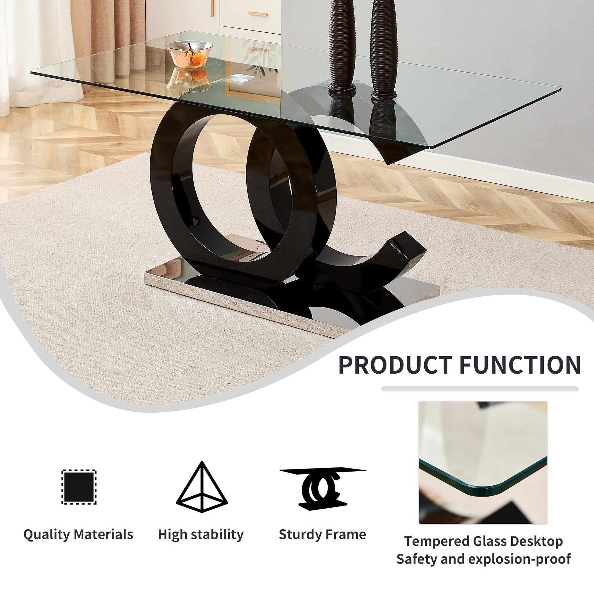 Table And Chair Set, Large Modern Minimalist Rectangular Glass Dining Table Suitable For 6 8 People, Equipped With 0.39 "Tempered Glass Tabletop, Mdf Oc Shaped Bracket, And Metal Base. Black Glass