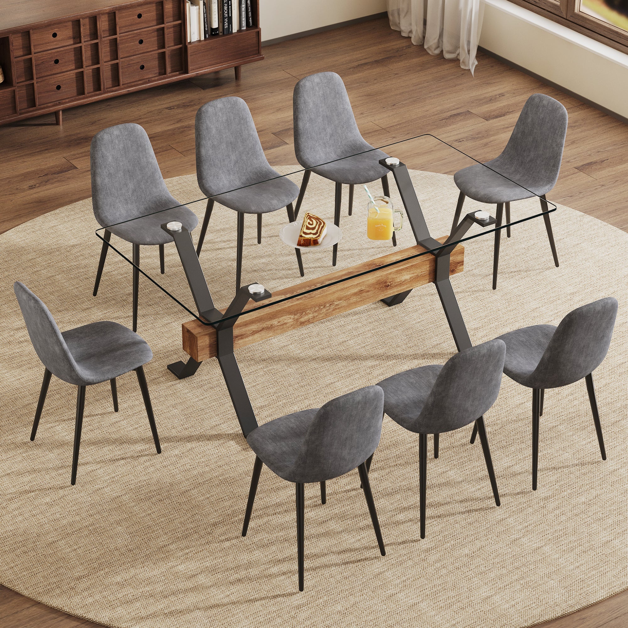 Dining Table. Modern Tempered Glass Dining Table. Large Modern Office Desk With Black Metal Legs And Mdf Crossbars, Suitable For Home And Office Use. 8 High End Cushioned Seats.F1105 B0501A Transparent Mdf Glass