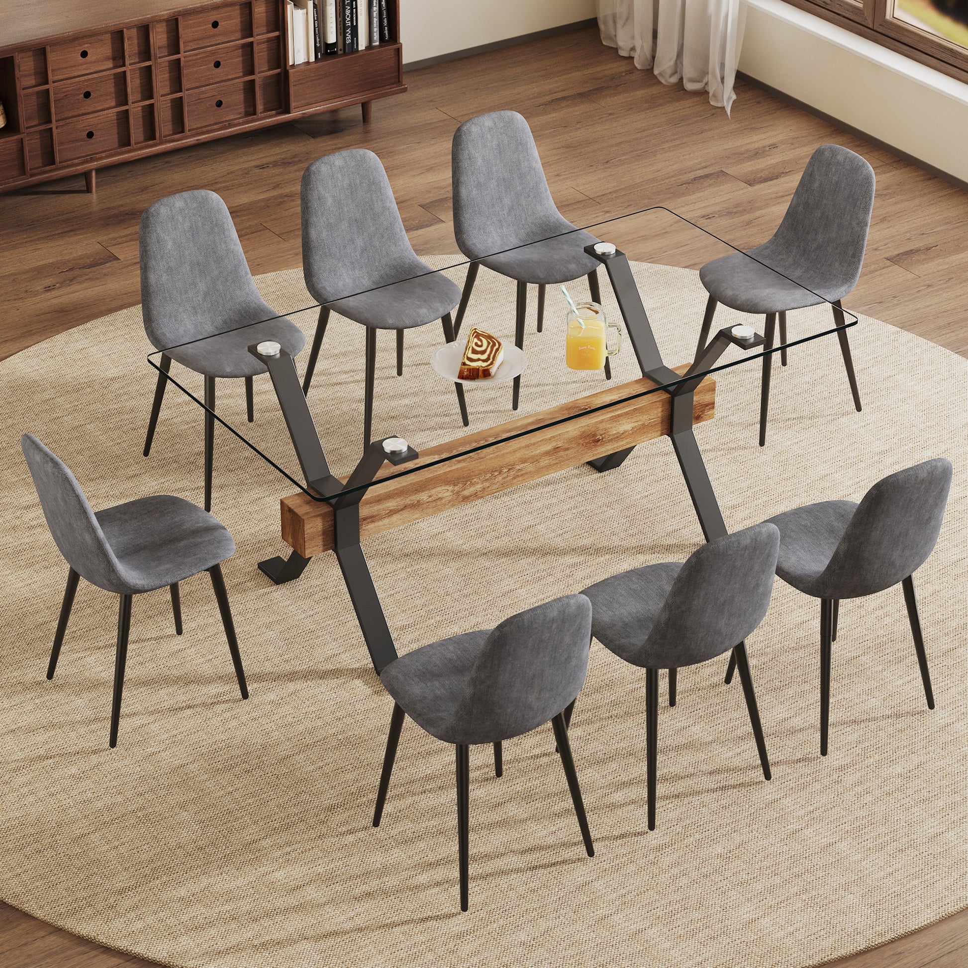 Dining Table. Modern Tempered Glass Dining Table. Large Modern Office Desk With Black Metal Legs And Mdf Crossbars, Suitable For Home And Office Use. 8 High End Cushioned Seats.F1105 B0501A Transparent Mdf Glass