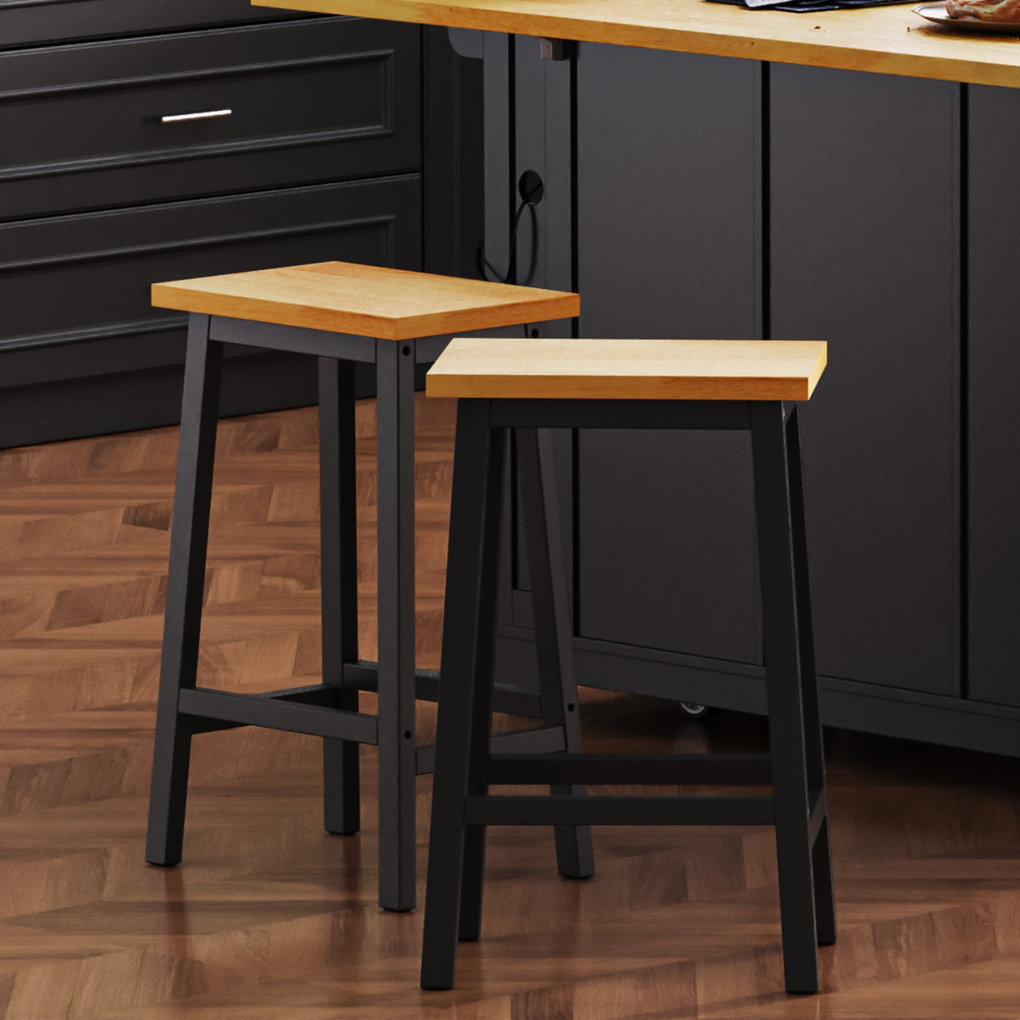 K&K Solid Wood Bar Stools Not Cheap Iron , 25.6" Tall Set Of 2 Bar Chairs, Kitchen Counter Stools With Footrests, Farmhouse Stools For Dining Room, Kitchen, Counter, Black Pine Wood Black White