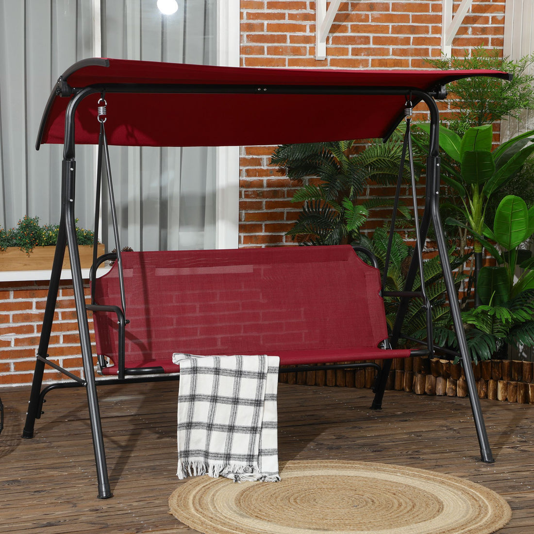 Outsunny 3 Person Porch Swing Bench With Stand & Adjustable Canopy, Armrests, Steel Frame For Outdoor, Garden, Patio, Porch & Poolside, Wine Red Red Steel