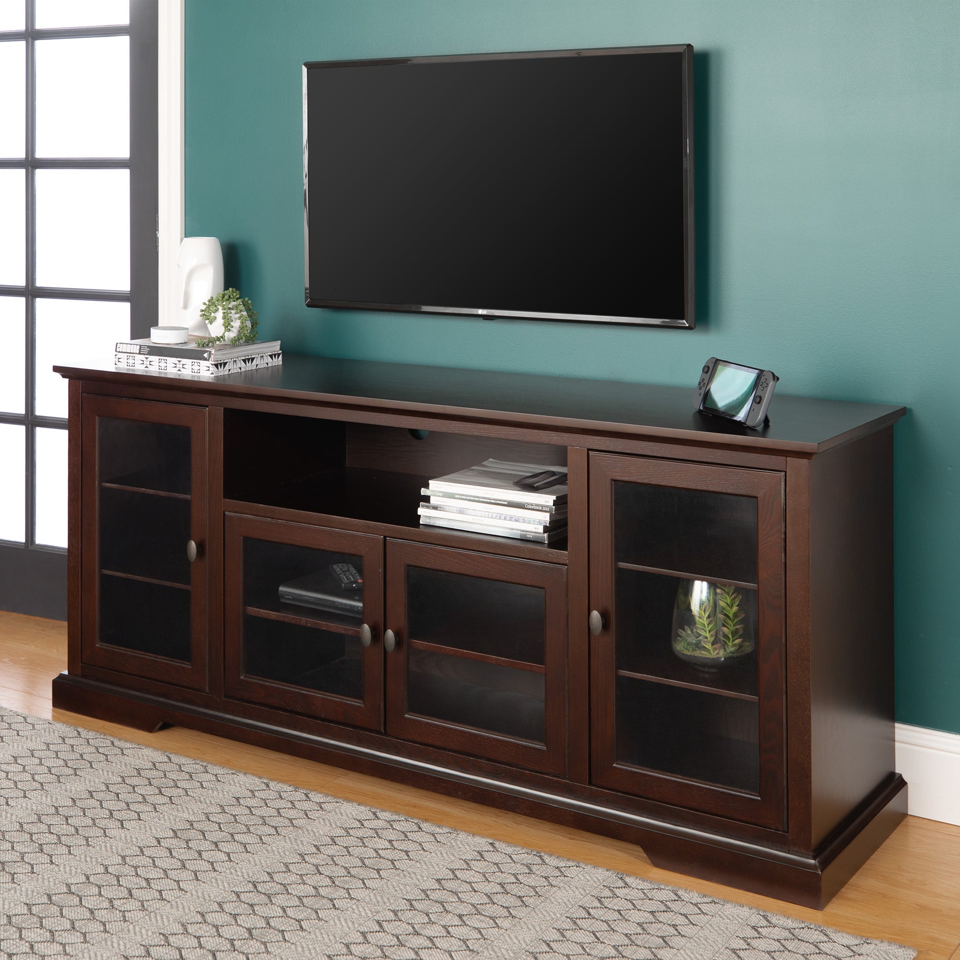 Transitional Classic 70" Tv Stand For 80" Tvs With 4 Glass Doors Espresso Espresso Mdf