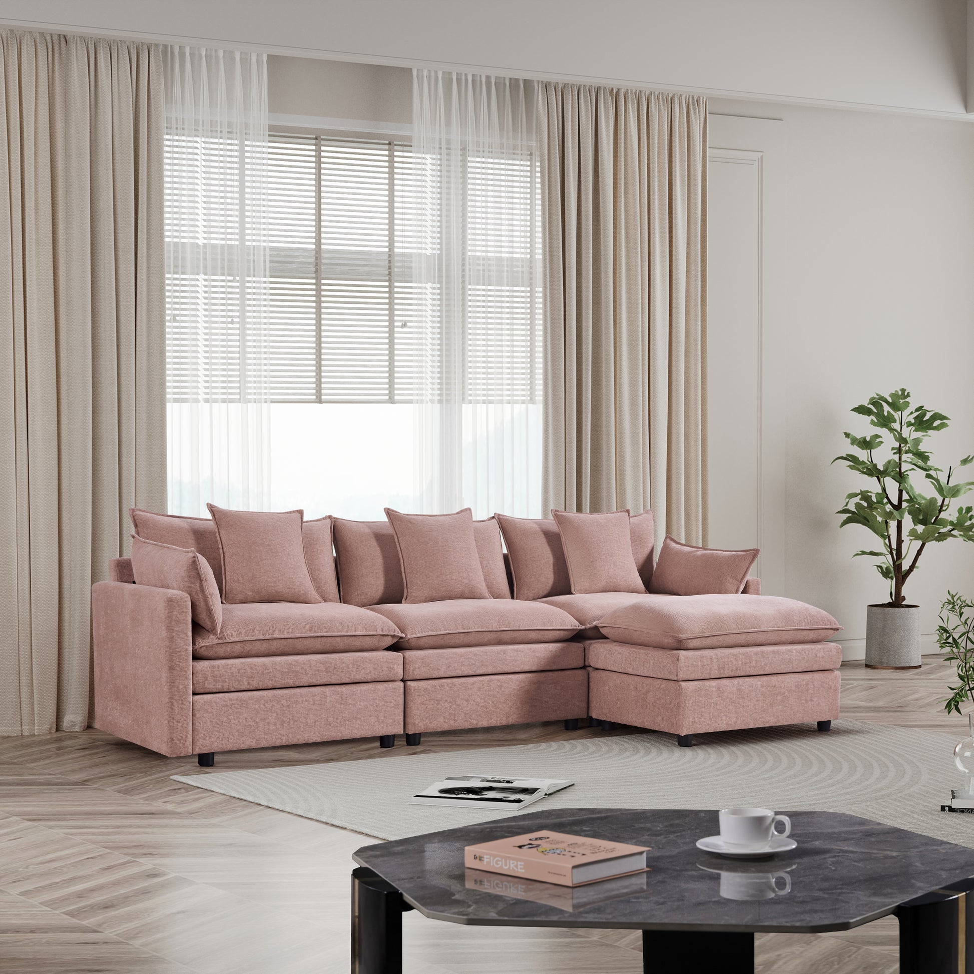 108.66"Modern Chenille L Shaped Sectional Sofa With Convertible Chaise, Comfy Cloud Couch Deep Sectional Sofa With Ottomans For Living Room Pink Wood Foam Chenille 3 Seat