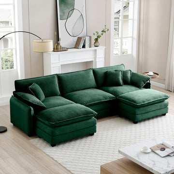 Oversized Modular Cushioned Sofa With Conversible Ottoman, 3 Seater Sofa With 2 Footstools, U Shape Sofa Ingreen Corduroy Fabric Green Corduroy 3 Seat