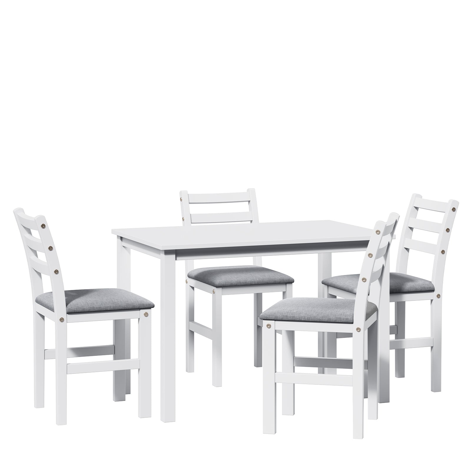 5Pcs Stylish Dining Table Set 4 Upholstered Chairs With Ladder Back Design For Dining Room Kitchen Gray Cushion White Antique White Rubber Wood