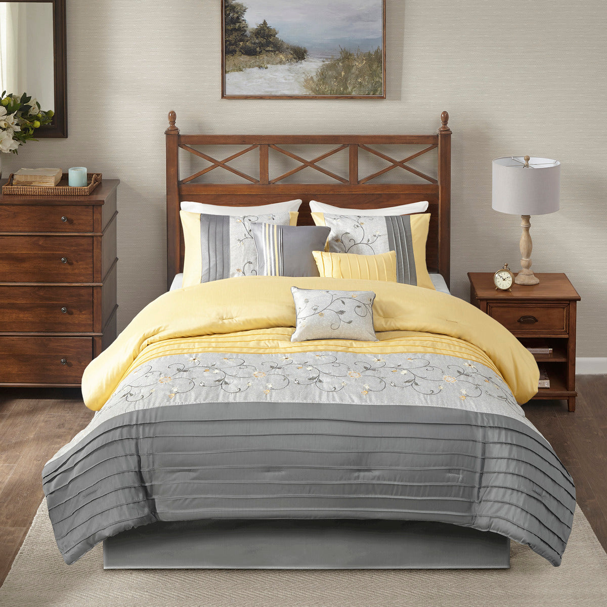 Embroidered 7 Piece Comforter Set Yellow Queen Queen Yellow Polyester