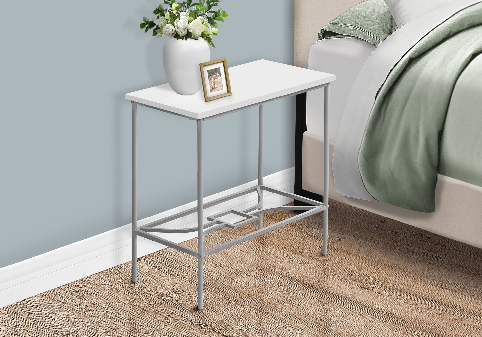 Accent Table, Side, End, Narrow, Small, 2 Tier, Living Room, Bedroom, White Laminate, Grey Metal, Contemporary, Modern White Mdf