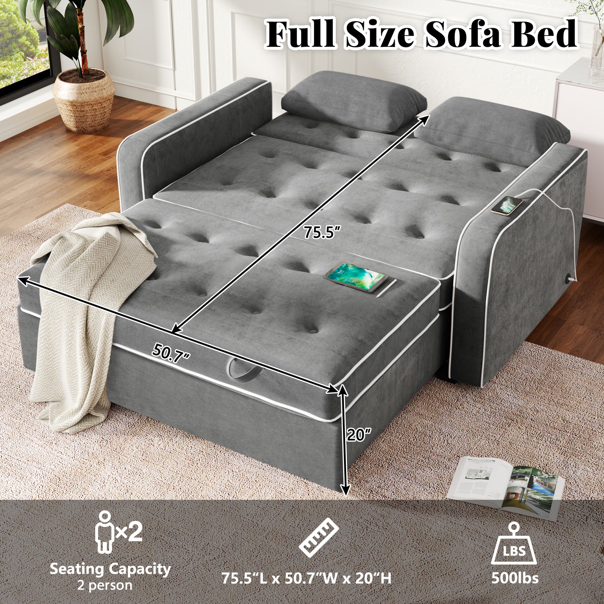 66.5" Linen Upholstered Sleeper Bed, Pull Out Sofa Bed Couch Attached Two Throw Pillows, Dual Usb Charging Port And Adjustable Backrest For Living Room Space, Charcoal Gray Charcoal Grey Foam Linen 2 Seat