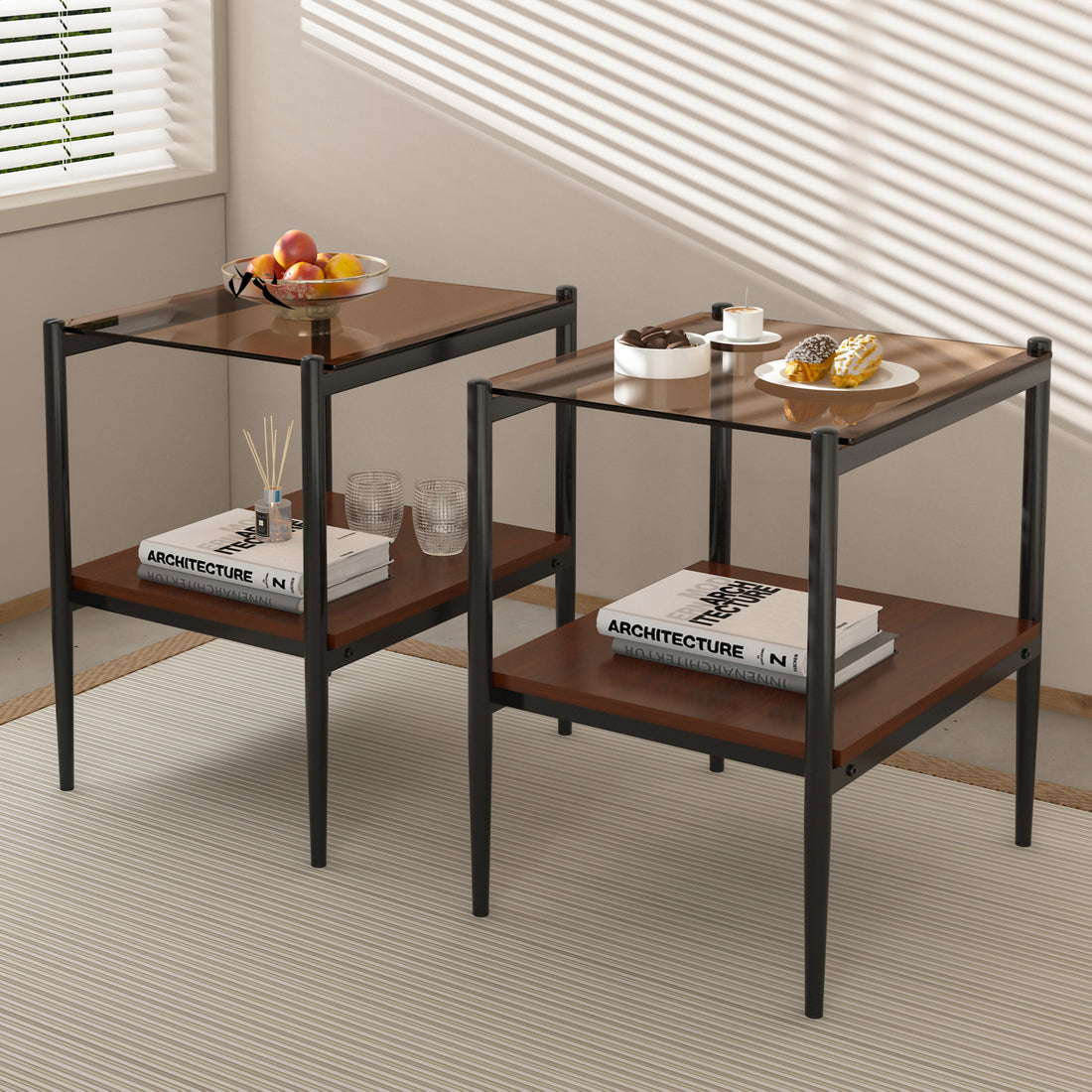 Set Of 2 Rectangle End Table, Tempered Glass Tabletop With Mdf Layer, Modern Table For Living Roombrown Glass Brown Tempered Glass