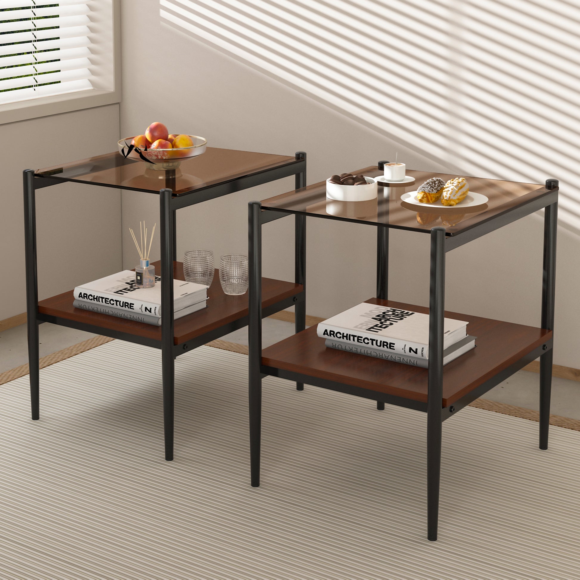 Coffee Table And End Tables Set Of 3, Tempered Glass Table With Mdf Layer, Modern Tables For Living Roombrown Glass Brown Tempered Glass