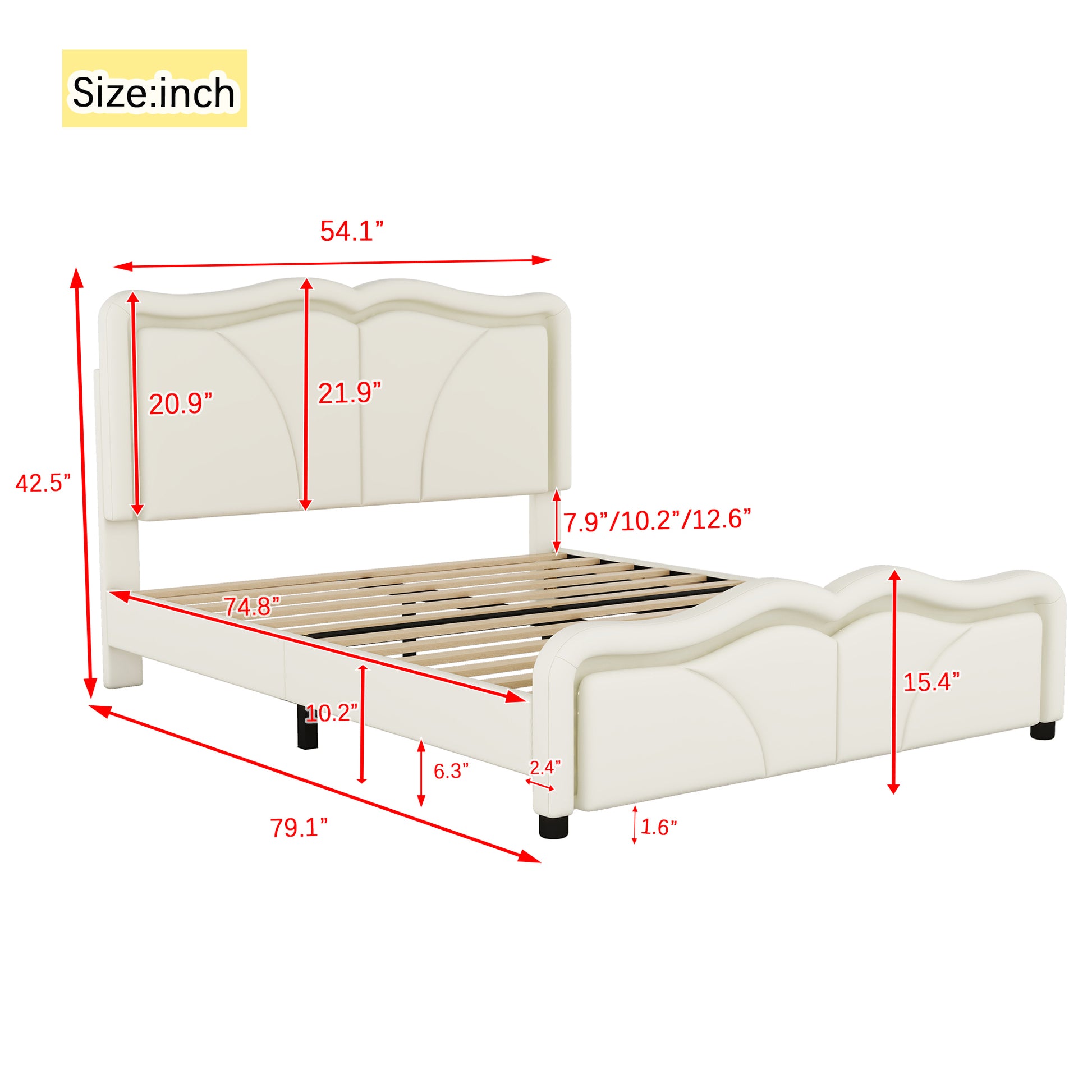 Full Size Upholstered Platform Bed With Curve Shaped And Height Adjustbale Headboard,Led Light Strips,White Full White Upholstered