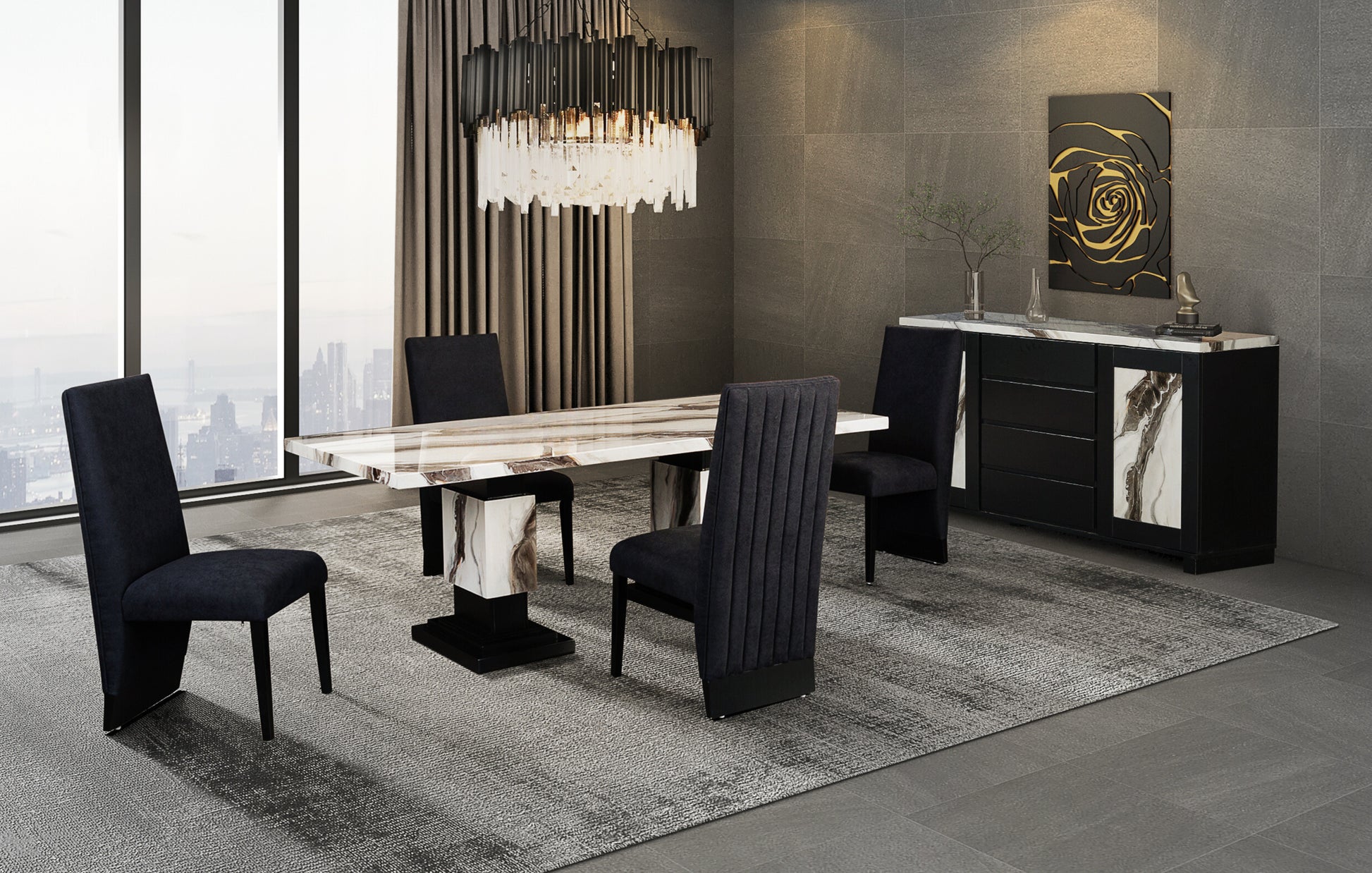 Stacey Zebra White Black Dining Table Multicolor Seats 6 Dining Room Modern Rubberwood Rectangular Wood Rubber Wood Pedestal