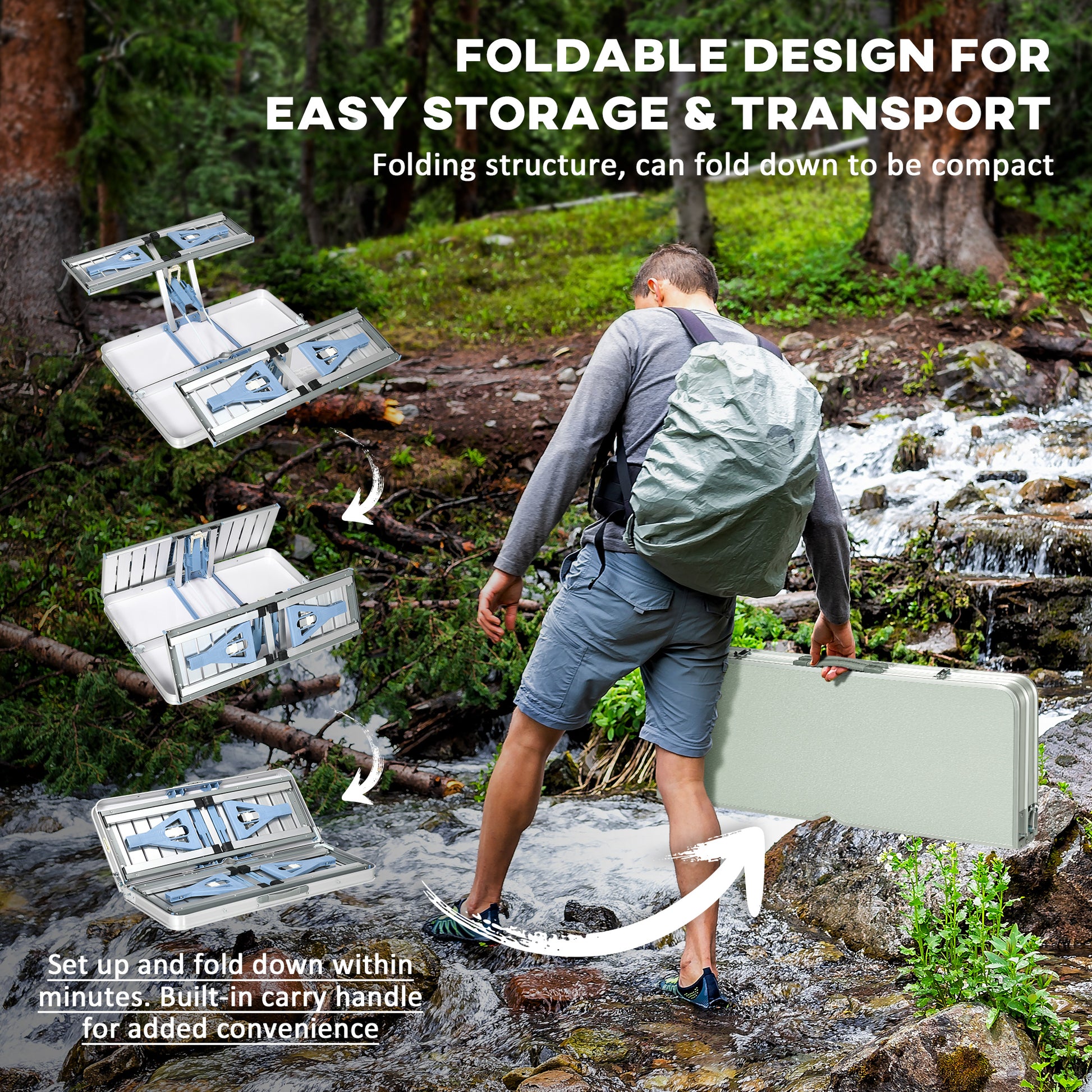 Outsunny Folding Picnic Table With Umbrella Hole, Aluminum Suitcase Portable Outdoor Table With Bench, Patio, Porch Or Camping Table And Chair Set, Silver Silver Mdf