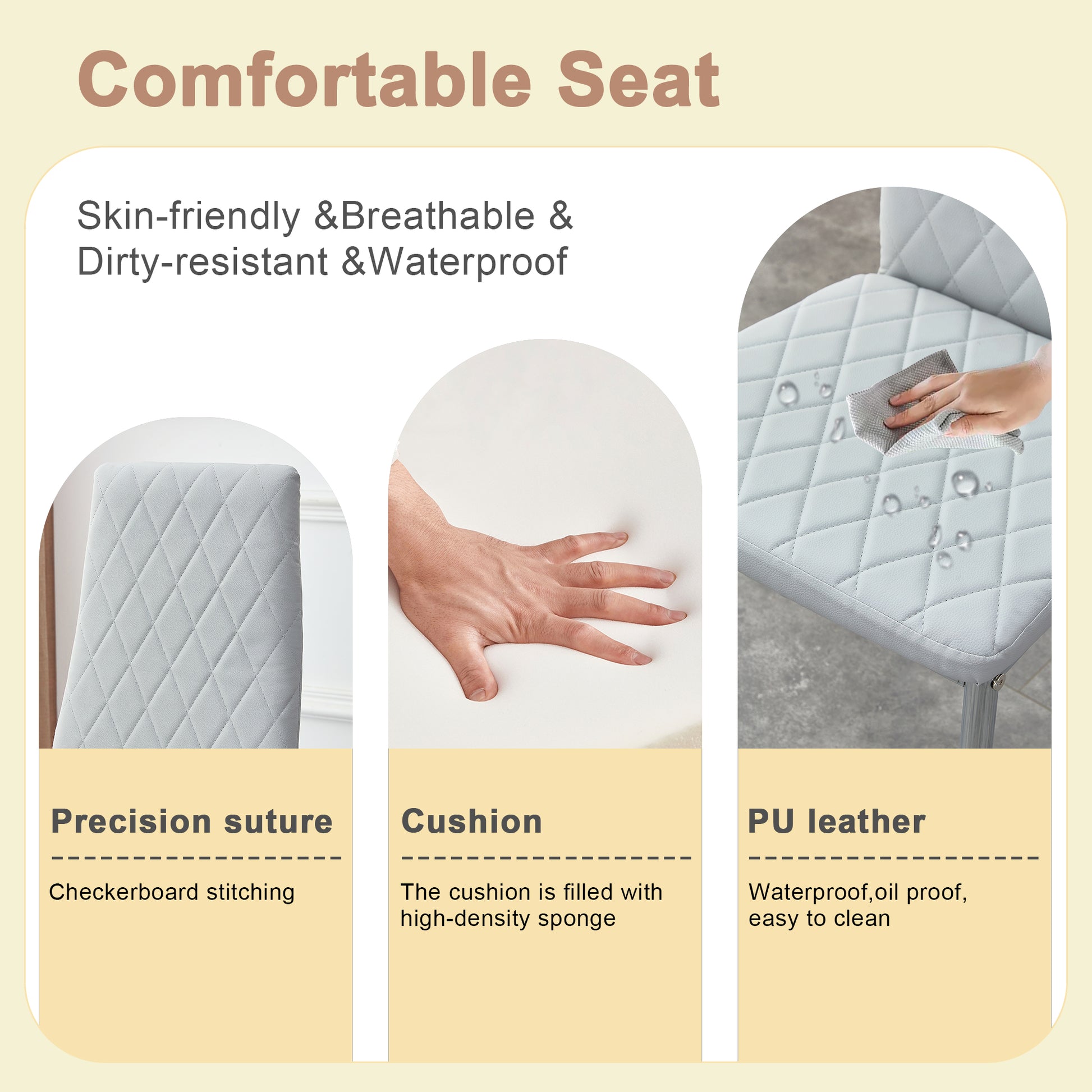 Table And Chair Set.Large Modern Rectangular Table With Brown Glass Top And Silver Metal Legs. Paired With 4 Light Gray Chairs With Checkered Armless High Back Pu Cushion And Silver Metal Legs. Light Gray,Silver Seats 4 Glass Metal