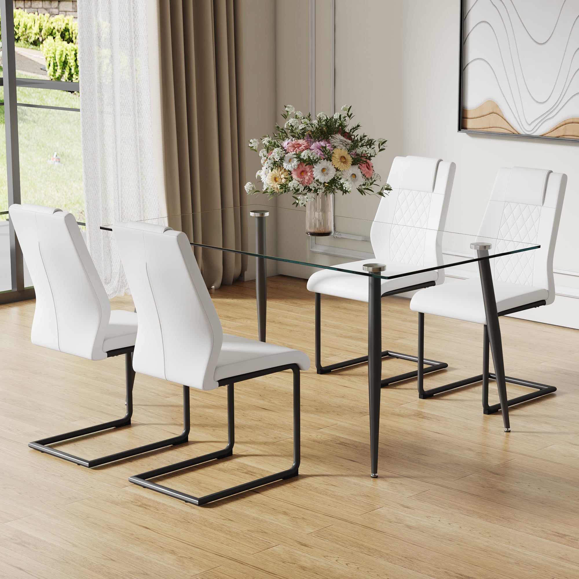 1 Table And 4 Chairs Set.Rectangular Table With Transparent Tempered Glass Tabletop And Black Metal Legs.Paired With 4 Chairs With Pu Leather Cushioned Seats And Black Metal Legs.Dt 1544 C 001 Transparent Glass Metal