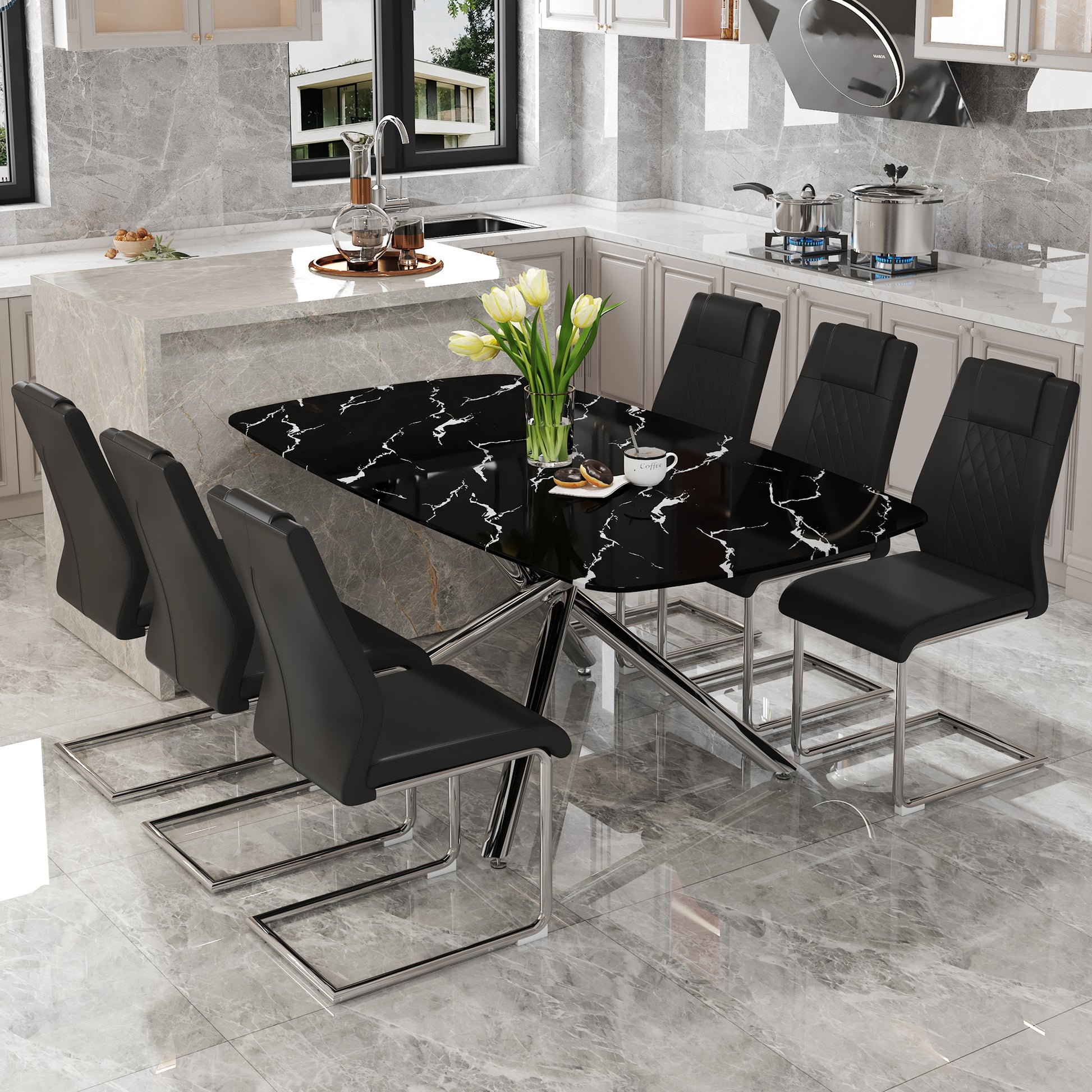 Table And Chair Set, Large Modern Minimalist Rectangular Dining Table, 0.39 "Imitation Marble Tabletop And Silver Metal Legs, Soft Leather Seats. F 1537 Silver Glass Metal