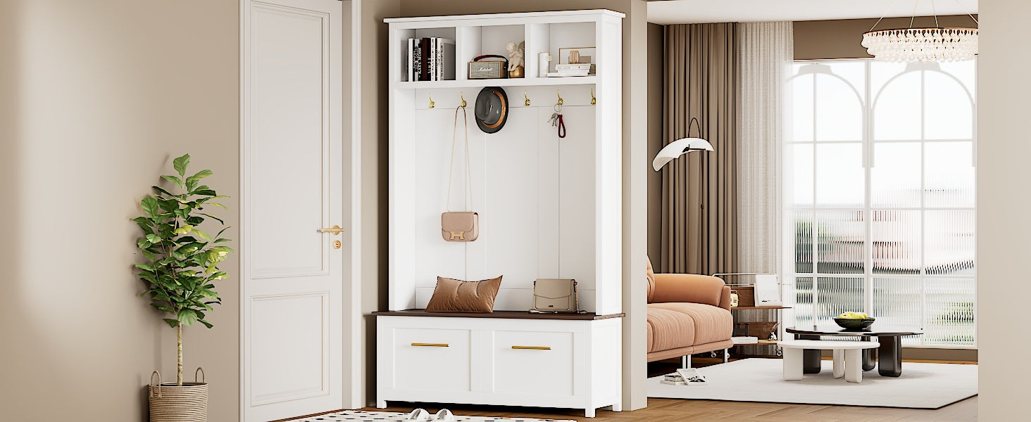 Versatile 4 In 1 Hall Tree With 6 Golden Hooks, Brown Wood Grain Bench With Multiple Storage Space, Entryway Coat Rack With 2 Drawers For Living Room, Hallway, White, 47.2''W*76.6''H White Primary