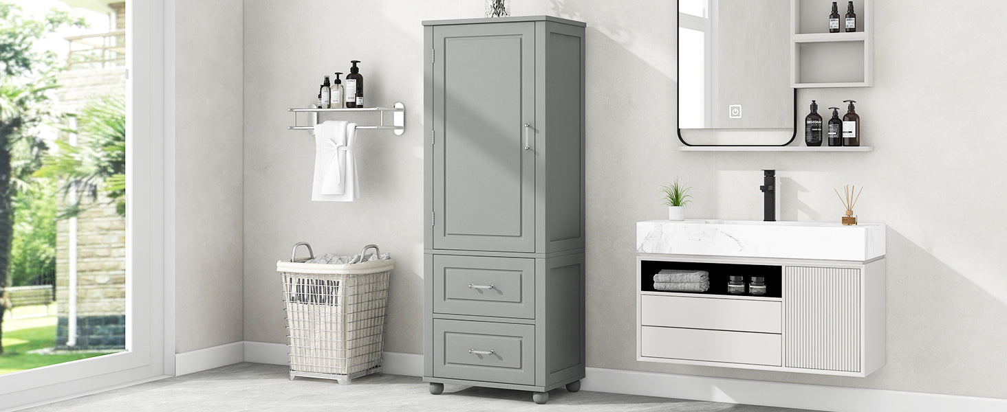 Tall Bathroom Storage Cabinet, Freestanding Storage Cabinet With Two Drawers And Adjustable Shelf, Mdf Board With Painted Finish, Grey Grey Mdf