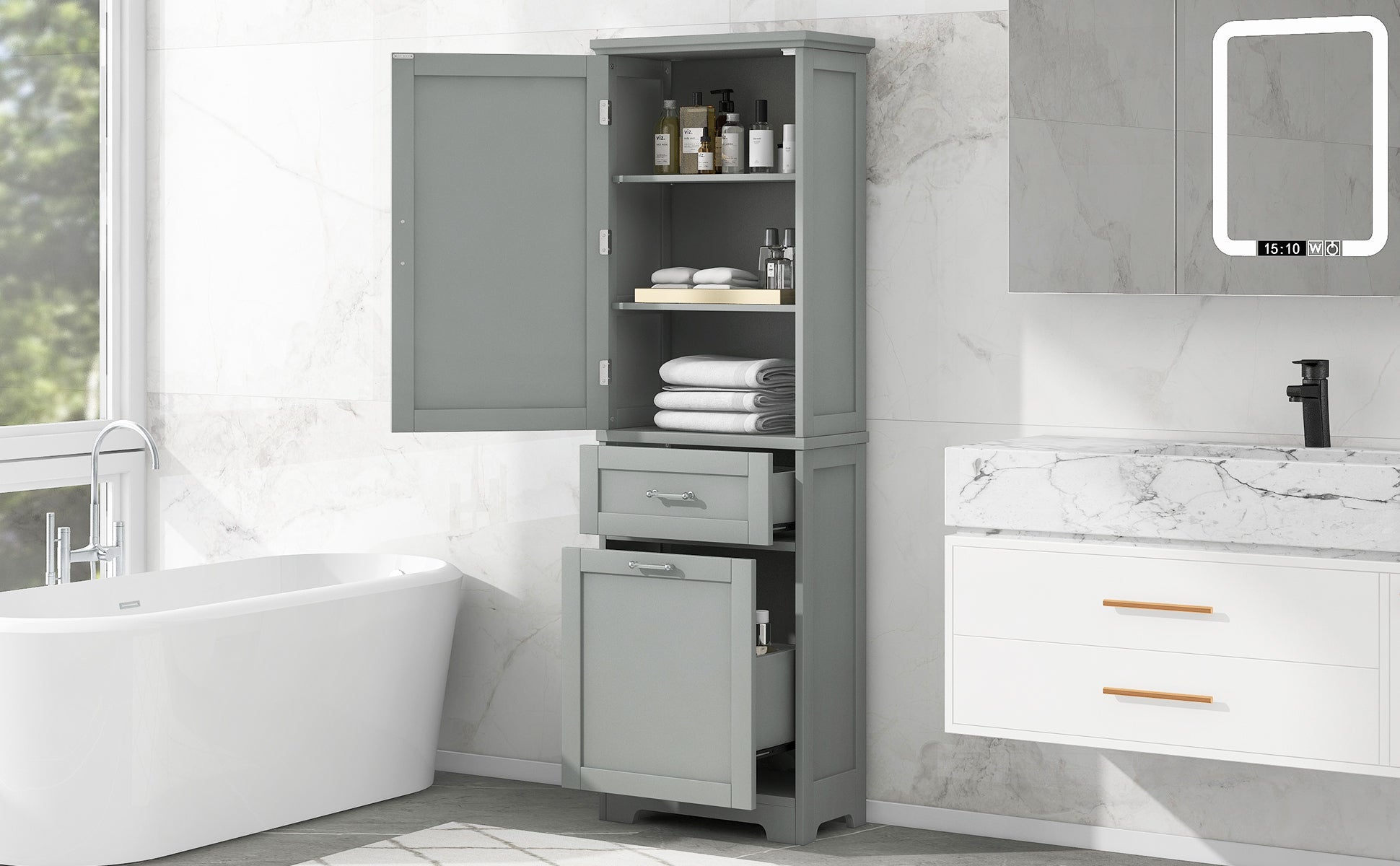 Tall Bathroom Storage Cabinet, Freestanding Storage Cabinet With Two Different Size Drawers And Adjustable Shelf, Mdf Board With Painted Finish, Grey Grey Mdf