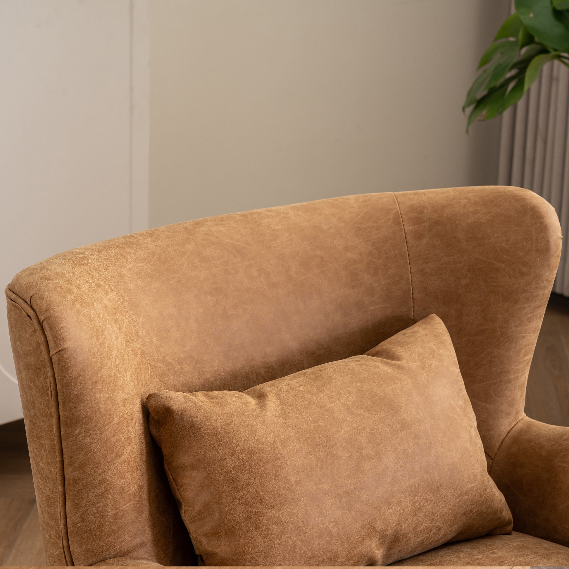 Synthetic Leather Upholstered Swivel Chair, 360 Swivel Comfort Round Armchair, Single Sofa Chair With Lounge Seat For Bedroom Office Reading Space, Set Of 1 ,Brown Yellow Brown Yellow Wood