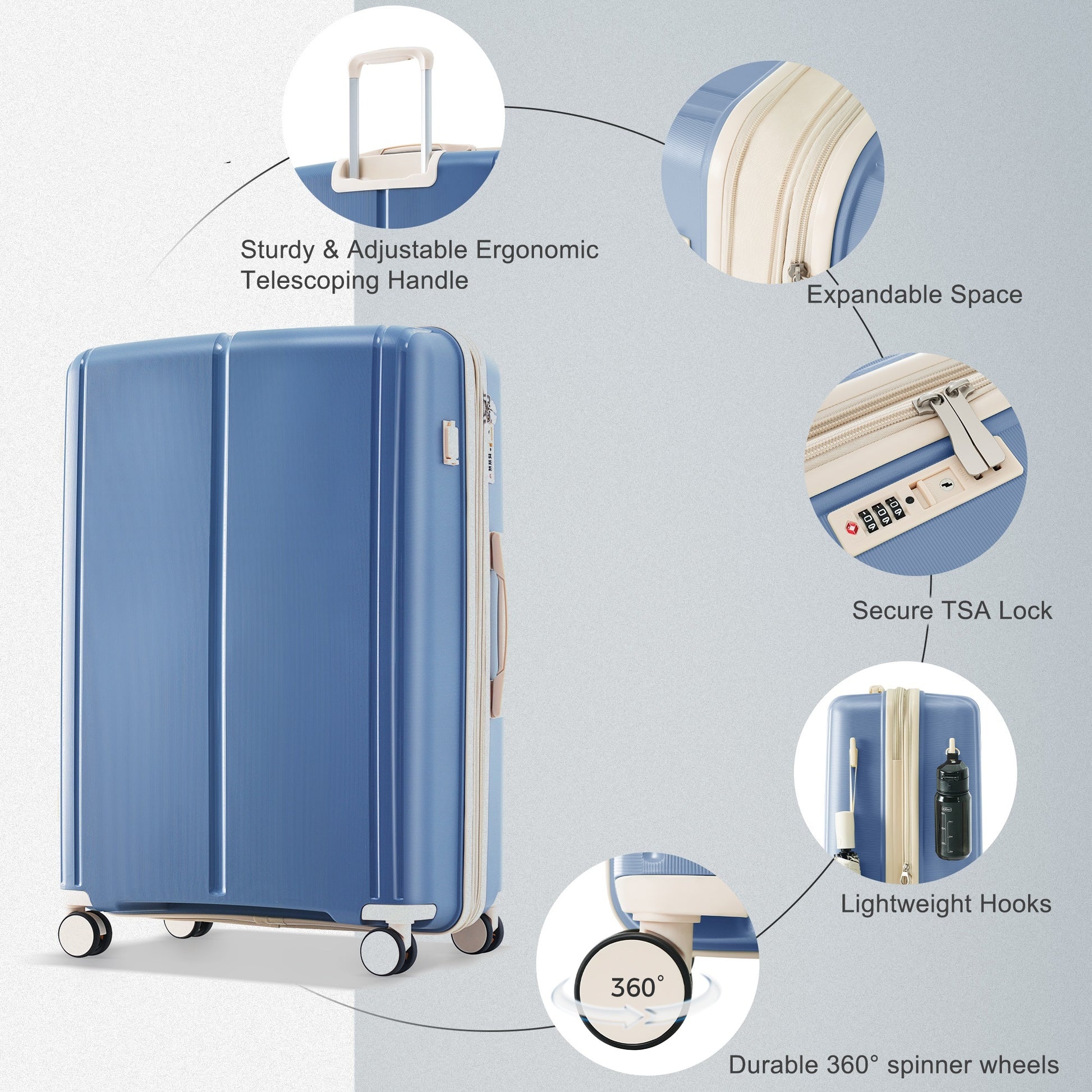 Luggage Sets 3 Piece Suitcase Set 20 24 28 With Usb Port,Carry On Luggage Airline Approved,Pp Lightweight Suitcase With Spinner Wheels, Blue And Ivory Blue Polypropylene