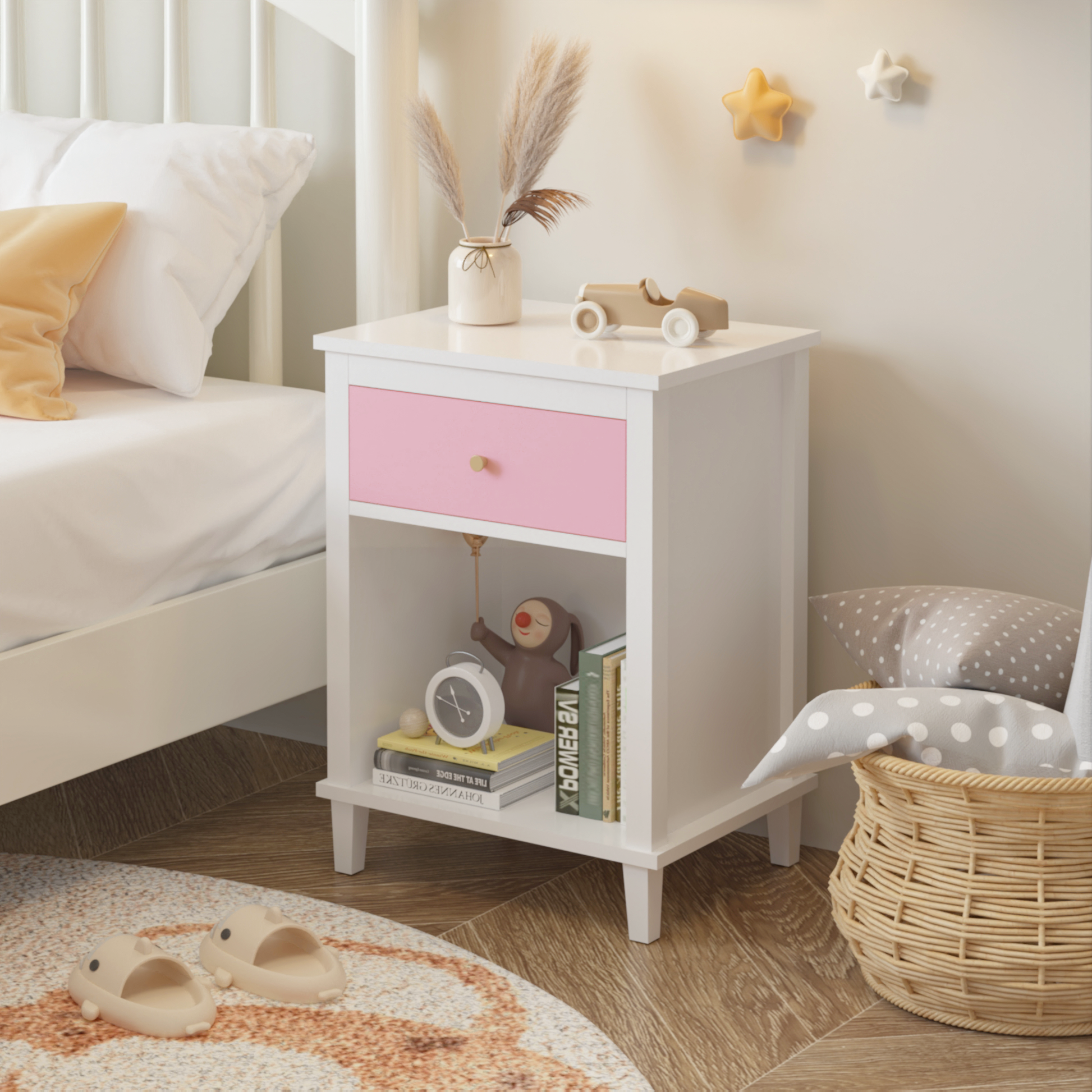 26.77''H Wooden Nightstand With One Drawer One Shelf For Kids, Adults, Pink Pink Mdf