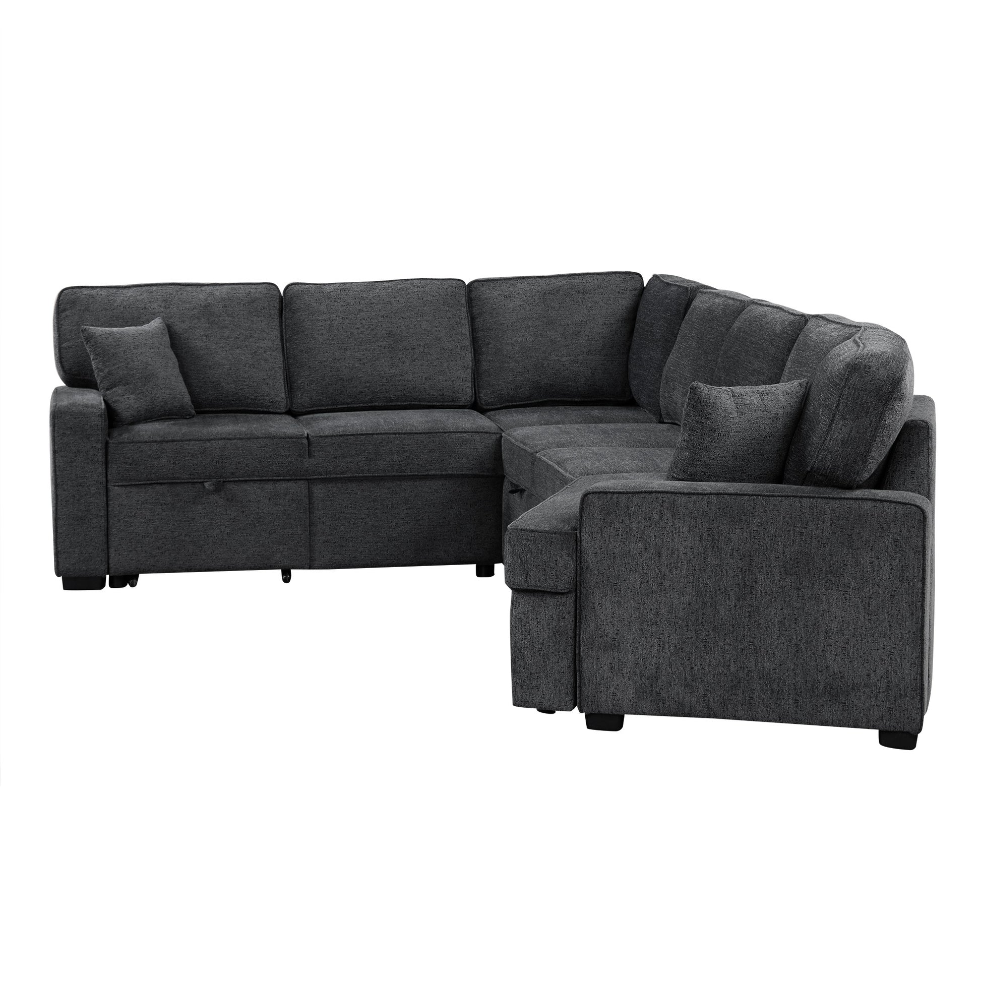 126" L Shaped Sofa Sectional Sofa Couch Pull Out Sofa Bed With Charging Devices And Cup Holders For Living Room, Blue Black Black Blue Foam Chenille 6 Seat