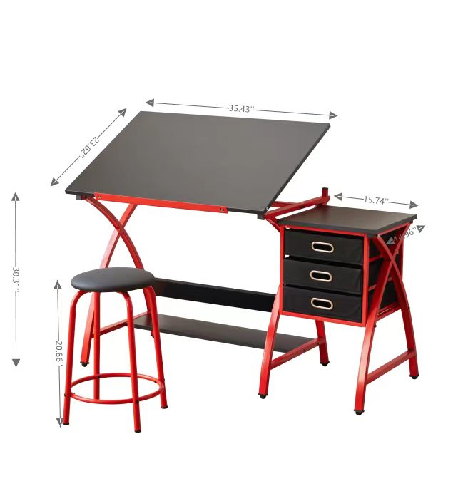 Drafting Table Red With Stool Red Mdf Metal