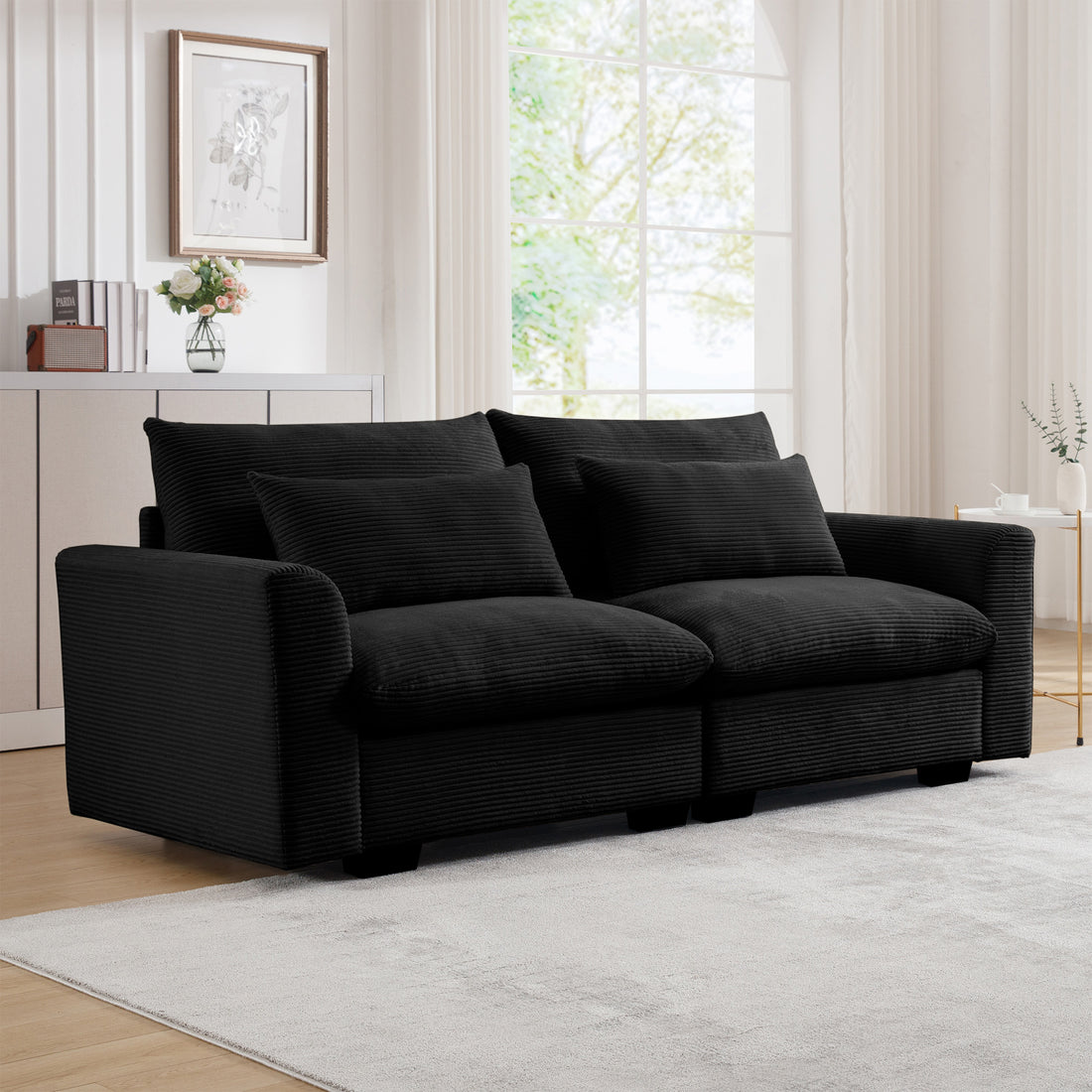 Modern Sofa 2 Seater Corduroy Fabric Sofa With Armrests For Apartment Living Room, Black Black Corduroy 2 Seat