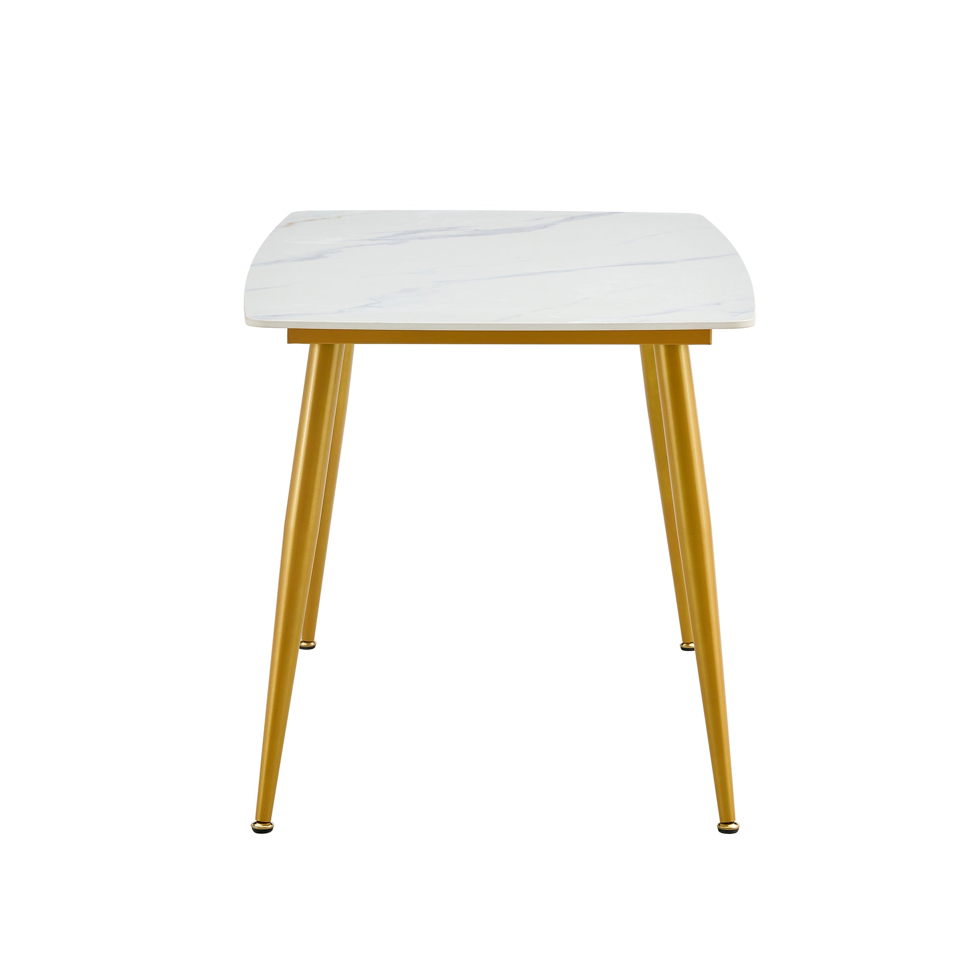 Modern Minimalist Dining Table. White Imitation Marble Patterned Stone Burning Tabletop With Golden Metal Legs. 50 "* 30" * 30 "F 001 Gold Sintered Stone