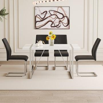 Table And Chair Set.55"X31.5" White Mdf Painting Dining Table Set With 4 Black Pu Chairs.Showcasing A Modern And Stylish Look.Suitable For Dining Room.Mdf Painting,Iron Pipe Plating,Pu Chiairs.