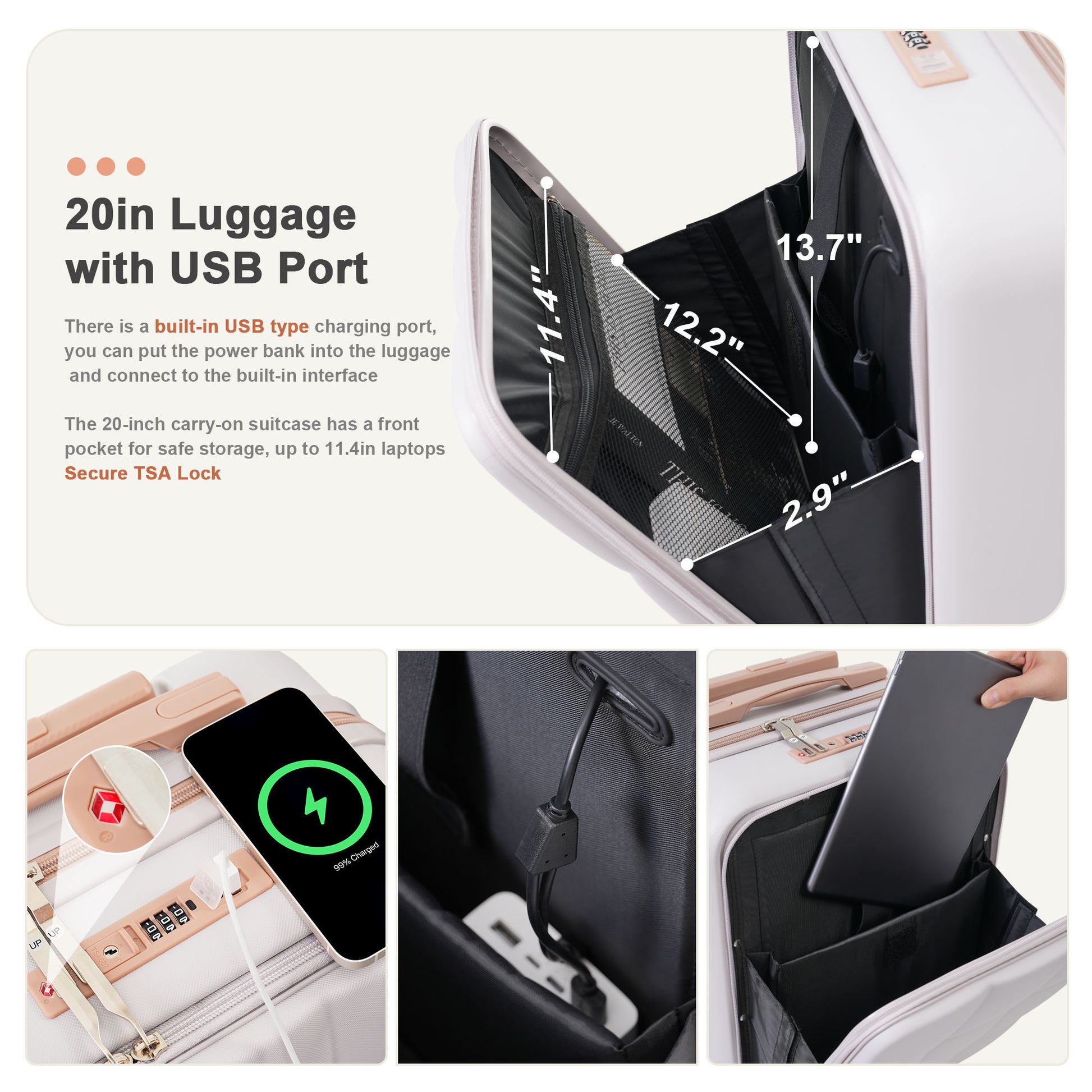 Usb Port Hard Case Luggage With Usb Charger Luggage Sets Piece, 20