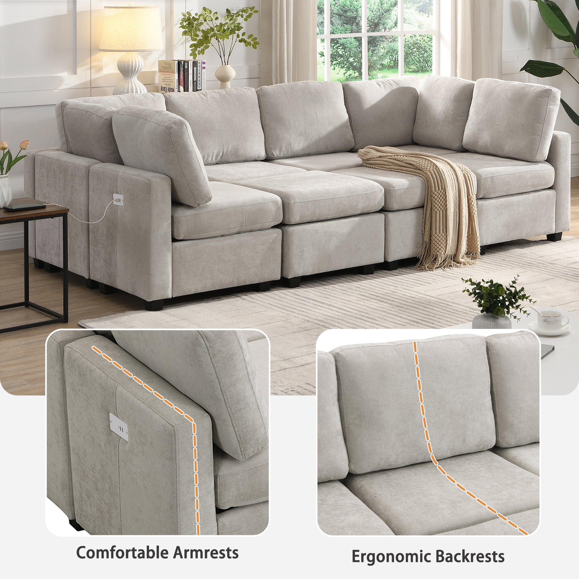 103" Sectional Sofa Couch Sofa Bed U Shaped Sofa With Two Movable Ottoman And Three Usb Ports For Living Room, Grey Grey Foam Chenille 6 Seat