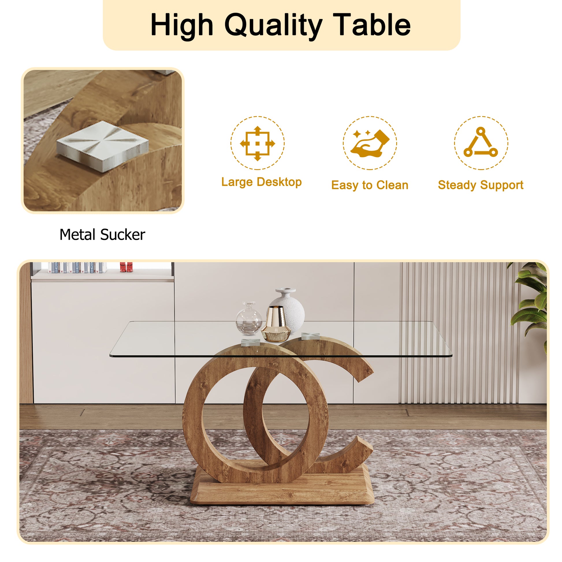 Large Modern Minimalist Rectangular Glass Dining Table Suitable For 6 8 People With A 0.39 "Tempered Glass Tabletop, Wood Color Mdf Oc Stand And Metal Base For Kitchen F Oc Transparent Mdf Glass