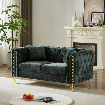 60 Inch Chenille Pull Buckle Design Sofa For Living Room,Buttons Tufted With Copper Nail Decoration Armrest, Modern Couch Upholstered Button And Metal Legs Green Foam Chenille 2 Seat