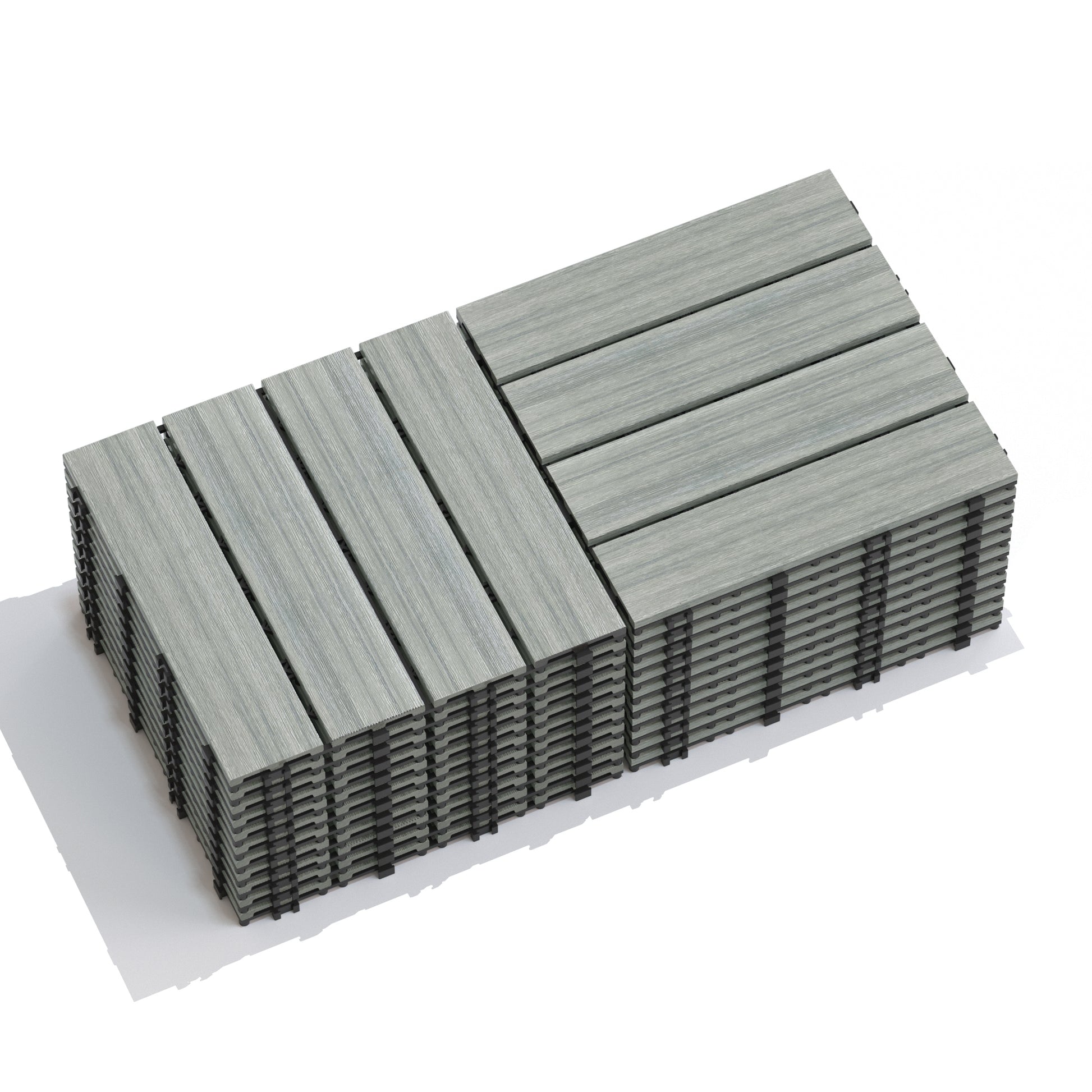 Patio Floor Tiles Pack Of 11 Wpc Wood Plastic Composite Patio Deck Tiles Diy Interlocking Decking Tiles, Quick Deck Floor Tile, Court Tile, Water Resistant Indoor Outdoor 11.8" Skygrey Light Gray Plastic