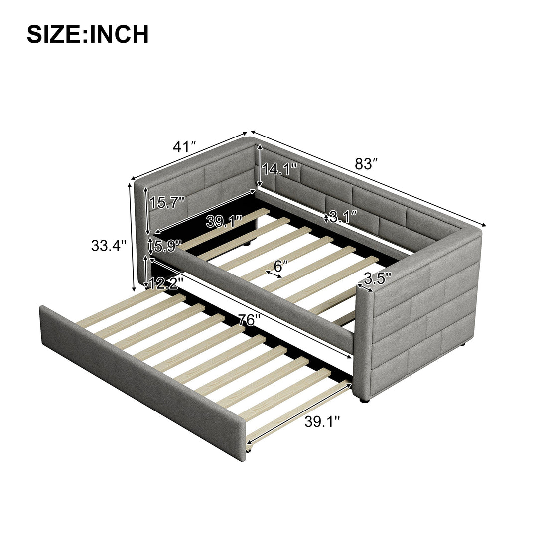 Twin Size Daybed With Trundle, Upholstered Daybed With Padded Back, Gray Twin Gray Fabric