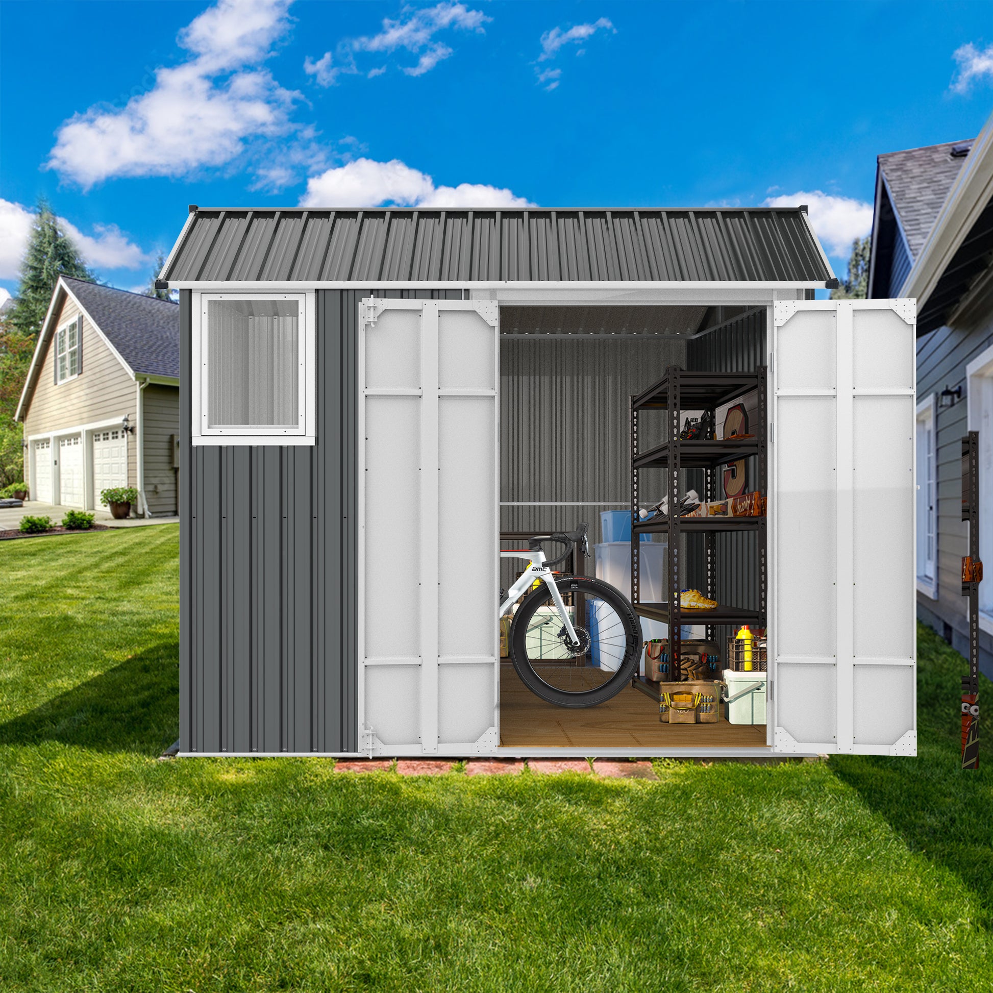 8X6 Ft Metal Outdoor Storage Shed With Window, Floor Base, Air Vents And Double Hinged Door Dark Grey Steel