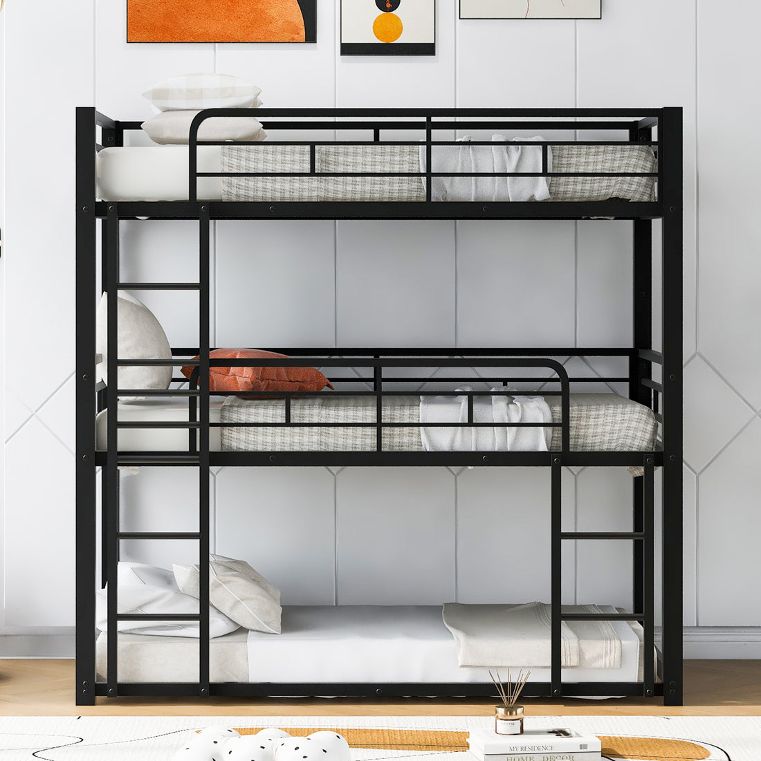 Metal Twin Size Triple Bunk Bed, Black Old Sku: Sm000230Aab 1 Box Spring Not Required Twin Black Metal Bedroom Metal