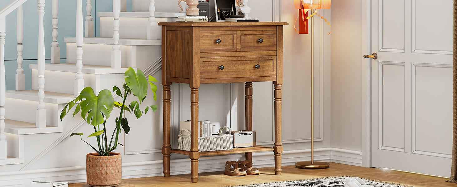 Narrow Console Table, Slim Sofa Table With Three Storage Drawers And Bottom Shelf Natural Natural Solid Wood Mdf