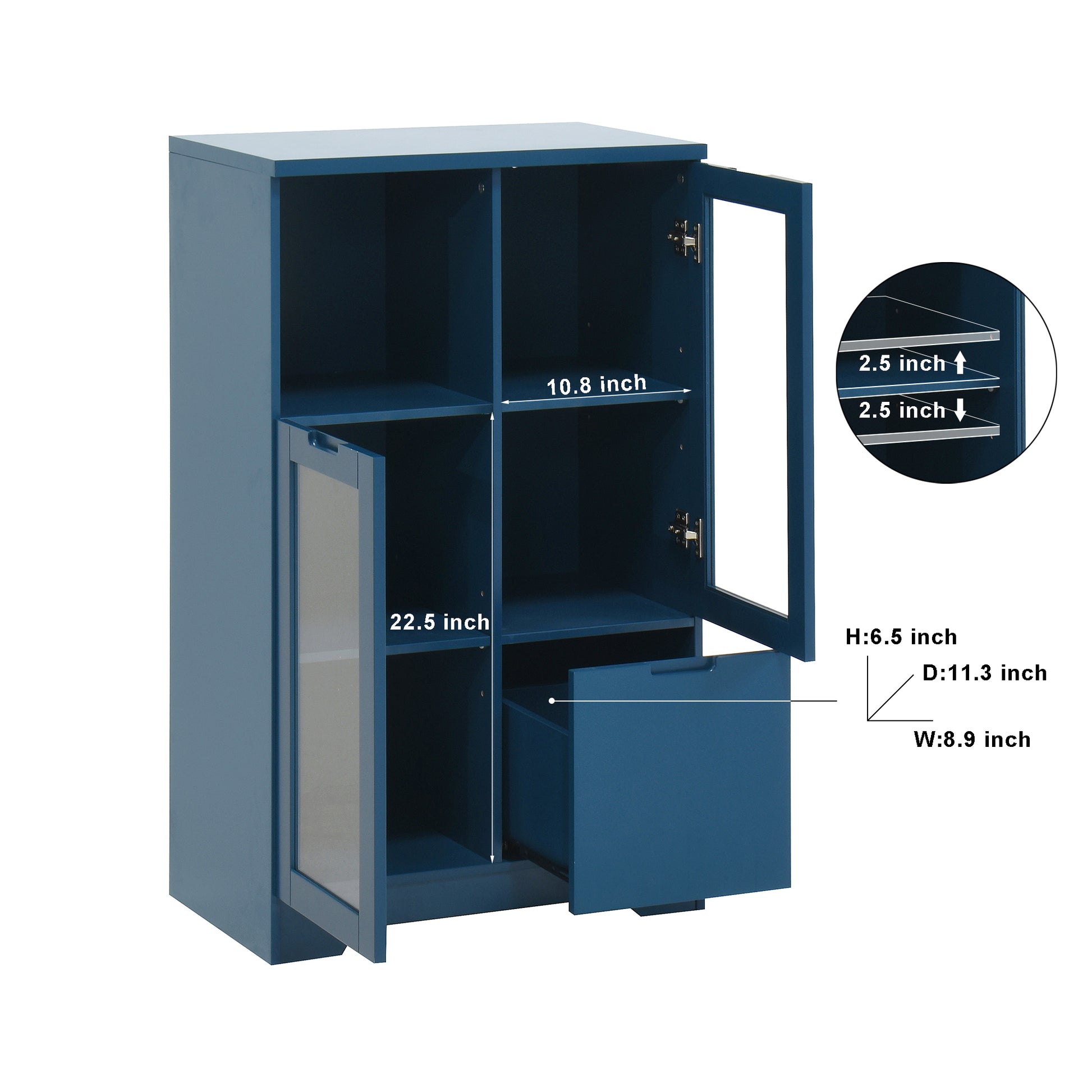 Wooden Floor Cabinet With 2 Glass Doors And 2 Storage Space,Blue Living Room Bathroom Entryway Blue Mdf